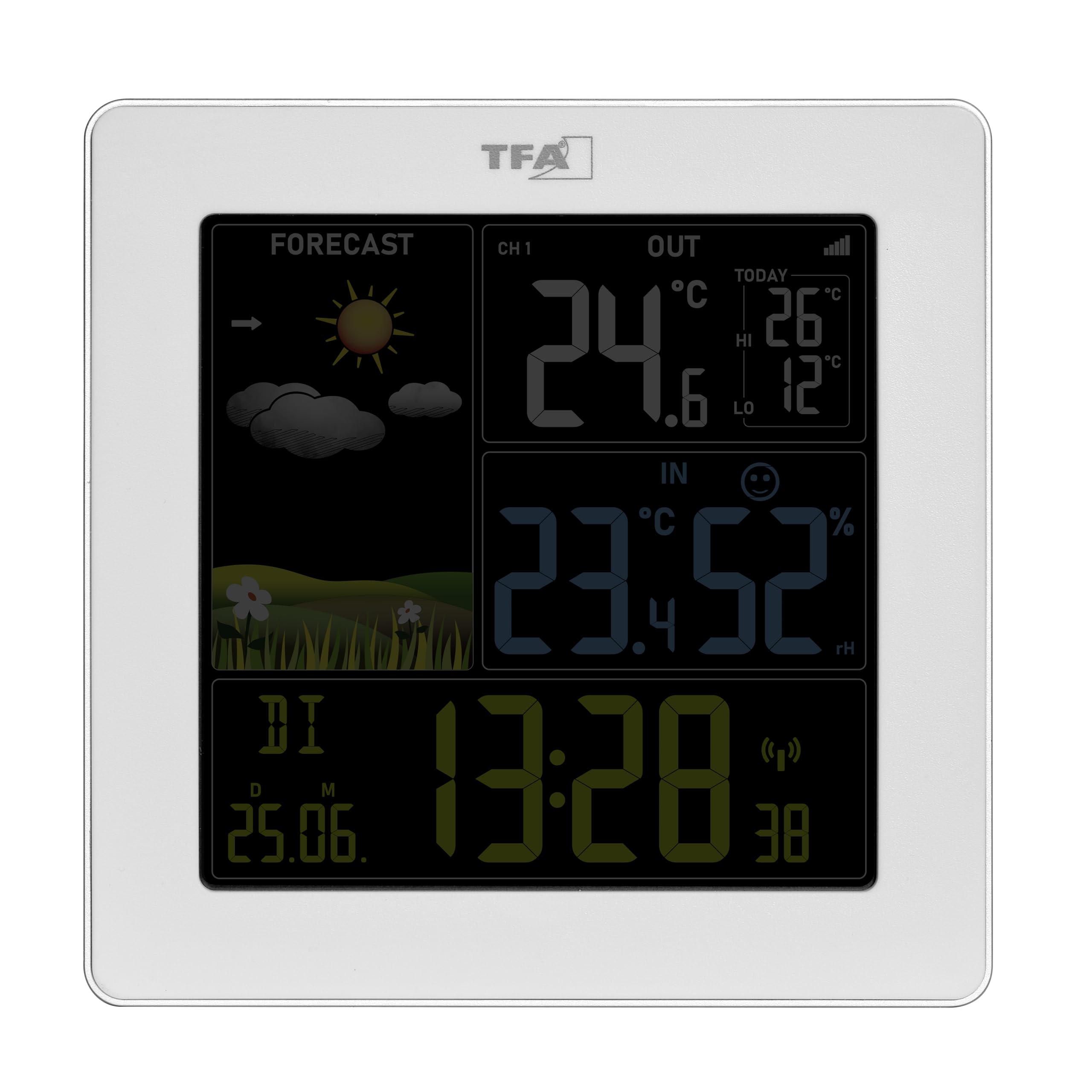 TFA Dostmann Station météo sans fil SUN2 avec capteur, 35.1174, intérieure/extérieure, température/humidité, Grand écran Couleur, Horloge Radio-pilotée avec Date, Noir