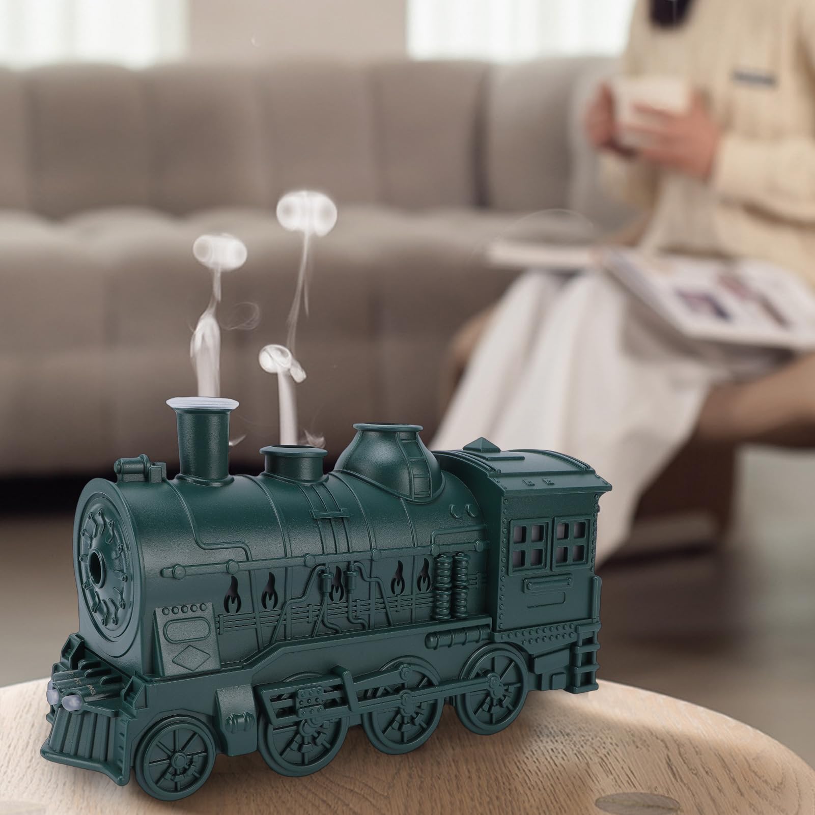 ASHATA Umidificatore a forma di treno con luce notturna, diffusore di oli essenziali, umidificatore a nebbia fredda, doppia modalità di spruzzo, con luce blu calda e fredda, per rilassarsi