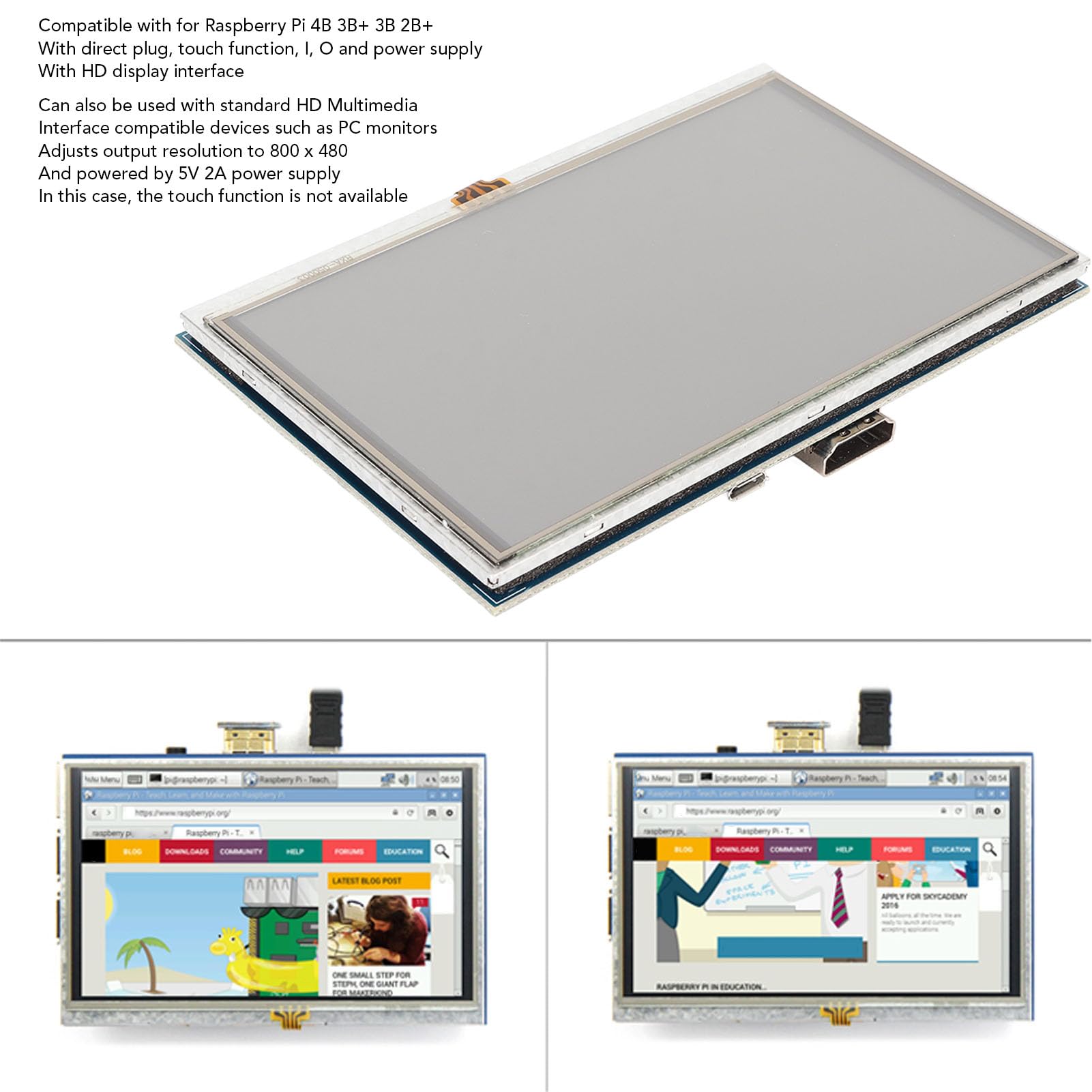 Keenso Affichage LCD de 5 Pouces Affichage HD Multimedia Interface Monitor pour - Écran Tactile rétro-éclairé pour Les Projets de Bricolage