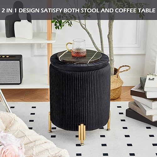 Miniatura 5 de Mxfurhawa Taburete otomano redondo con almacenamiento y patas de metal para sala de estar, dormitorio, reposapiés tapizado de terciopelo, soporte de