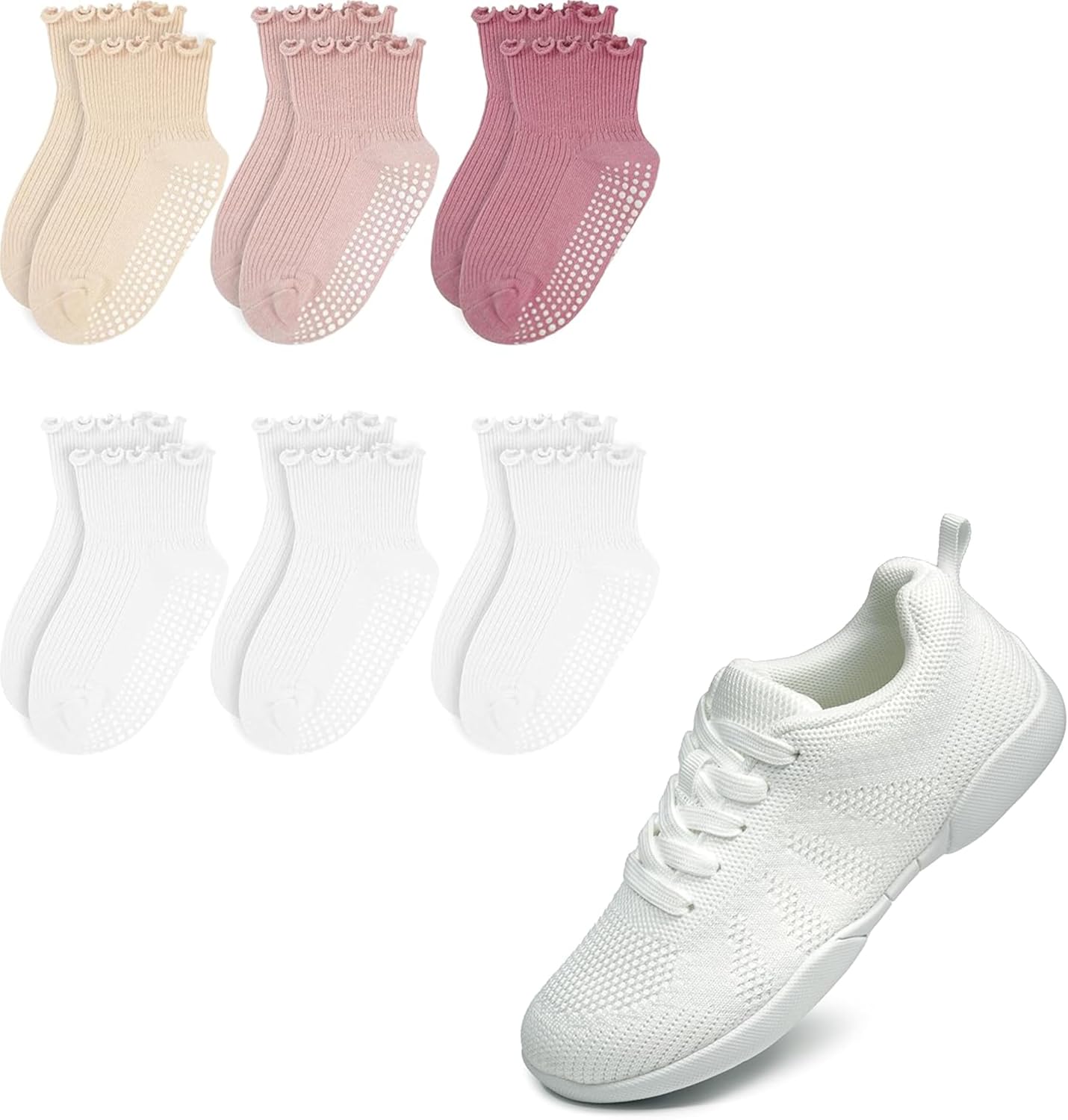 Kids Frilly Ruffle Crew Socks with Girls Cheerleading Shoes 6 Pairs White White White Orange Pink Deep Pink 5-6 Years & White Size 11M US Little Kid