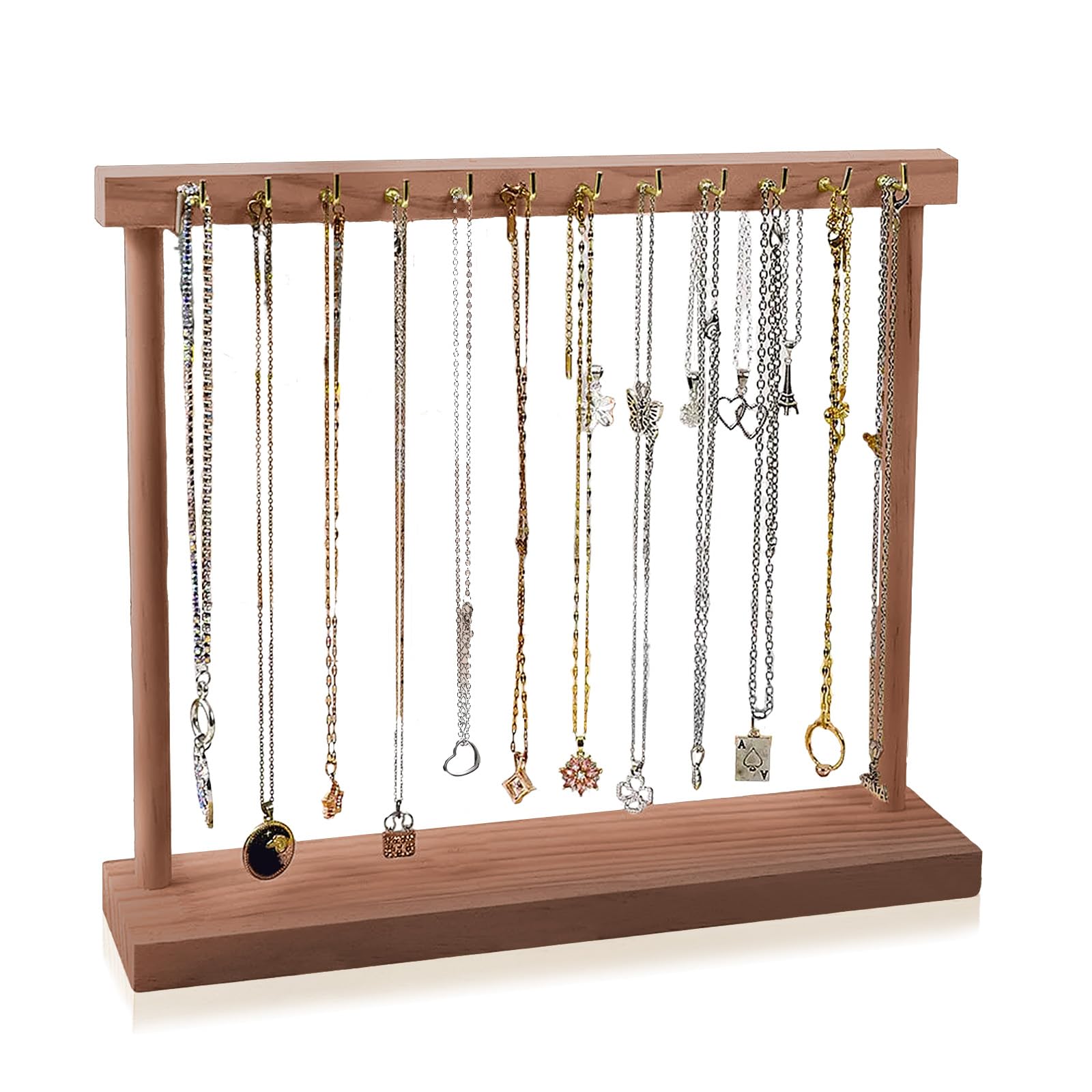 MXGHIR Wood Necklace Display Stand, Bracelet Holder Jewellery Organiser Stand with 12 Metal Hooks & Rectangular Sturdy Base, for Jewelry Necklace Storage (Brown)