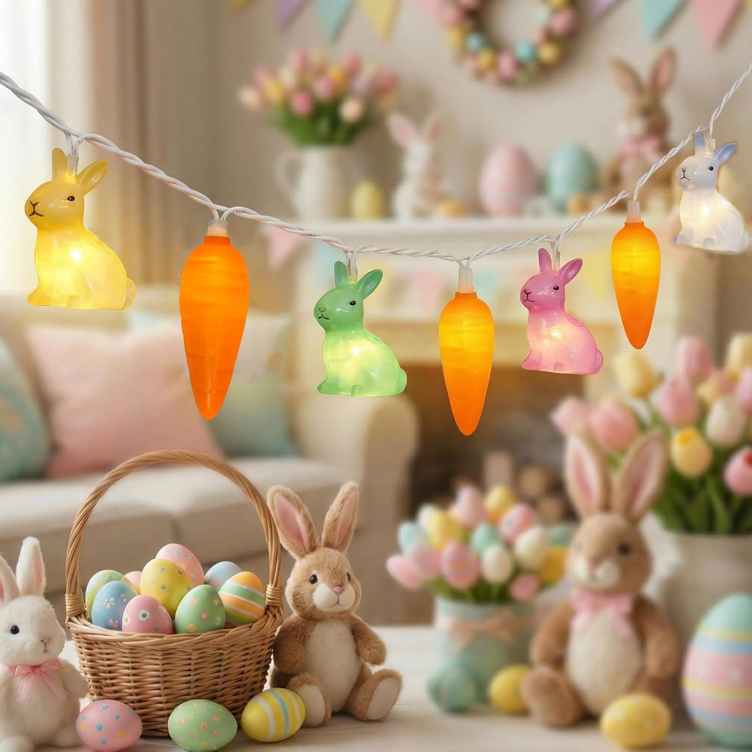 Easter Multicolor Rabbit and Carrot String Lights, 8.5Ft Plug in Spring Decorations String Lights with 10 LED Bunny and Corrt Lights for Easter Party Spring Home Garden Patio Indoor Outdoor Decor