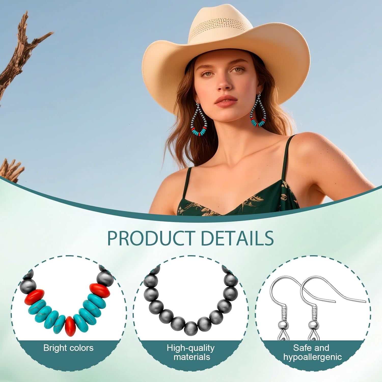 2 Pairs Navajo Pearl Earrings,Western Pearl Turquoise Stone Earring,Boho Beaded Teardrop Earrings,Cowgirl Vintage Drop Dangle Earrings,Western Jewelry Gifts for Women - Image 3