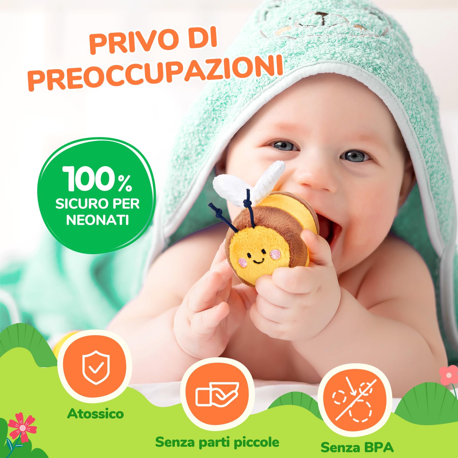 JoyCat Giochi Neonato 6-12 Mesi, Baby Alveare Morbido con 5 Api di Peluche, Sonaglio e Specchio, Giochi Montessori 6 8 9 Mesi, Gioco Bambino Sensoriale Regalo Bimbo Bimba 1 Anno