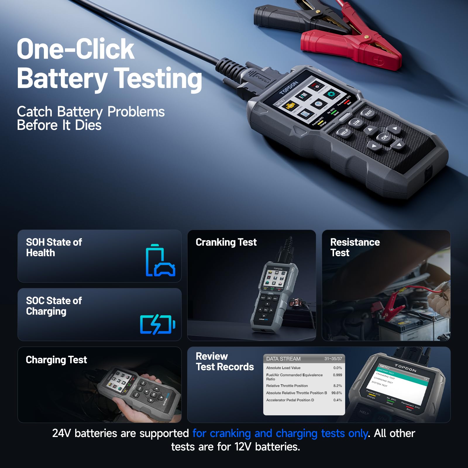 TOPDON AL500B Lecteur de Codes OBD2 avec Fonctions OBD2 complètes et testeur de Batterie, Tests de Batterie 12 V, Tests de démarrage et de Charge 12 V / 24 V, Mise à Jour Gratuite du Logiciel
