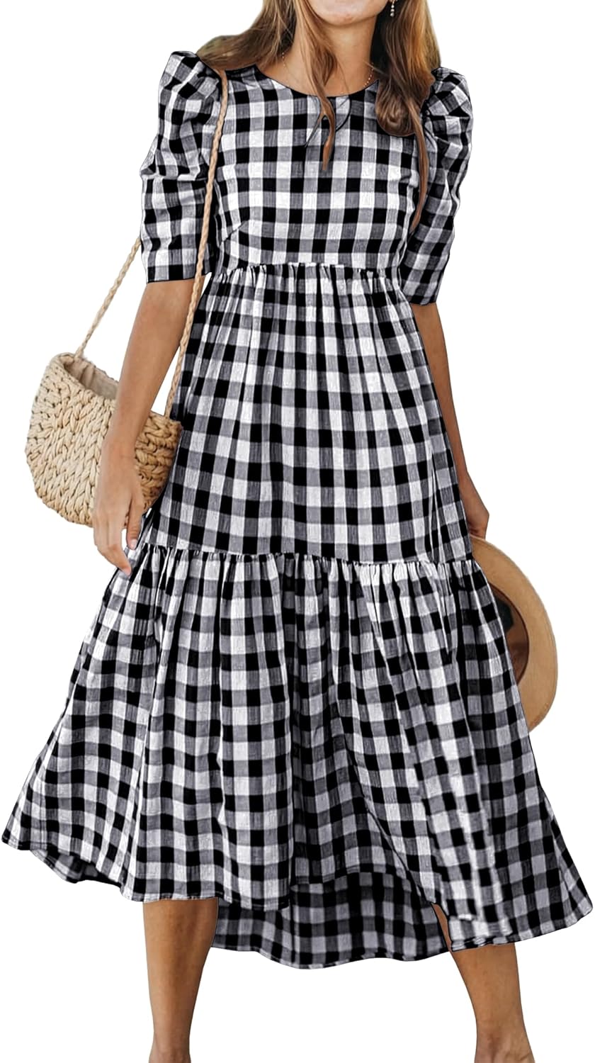 ANRABESS Womens Summer Midi Dresses Casual 2026 Plaid Short Puff Sleeve High Low Flowy Beach Vacation Dress with Pockets