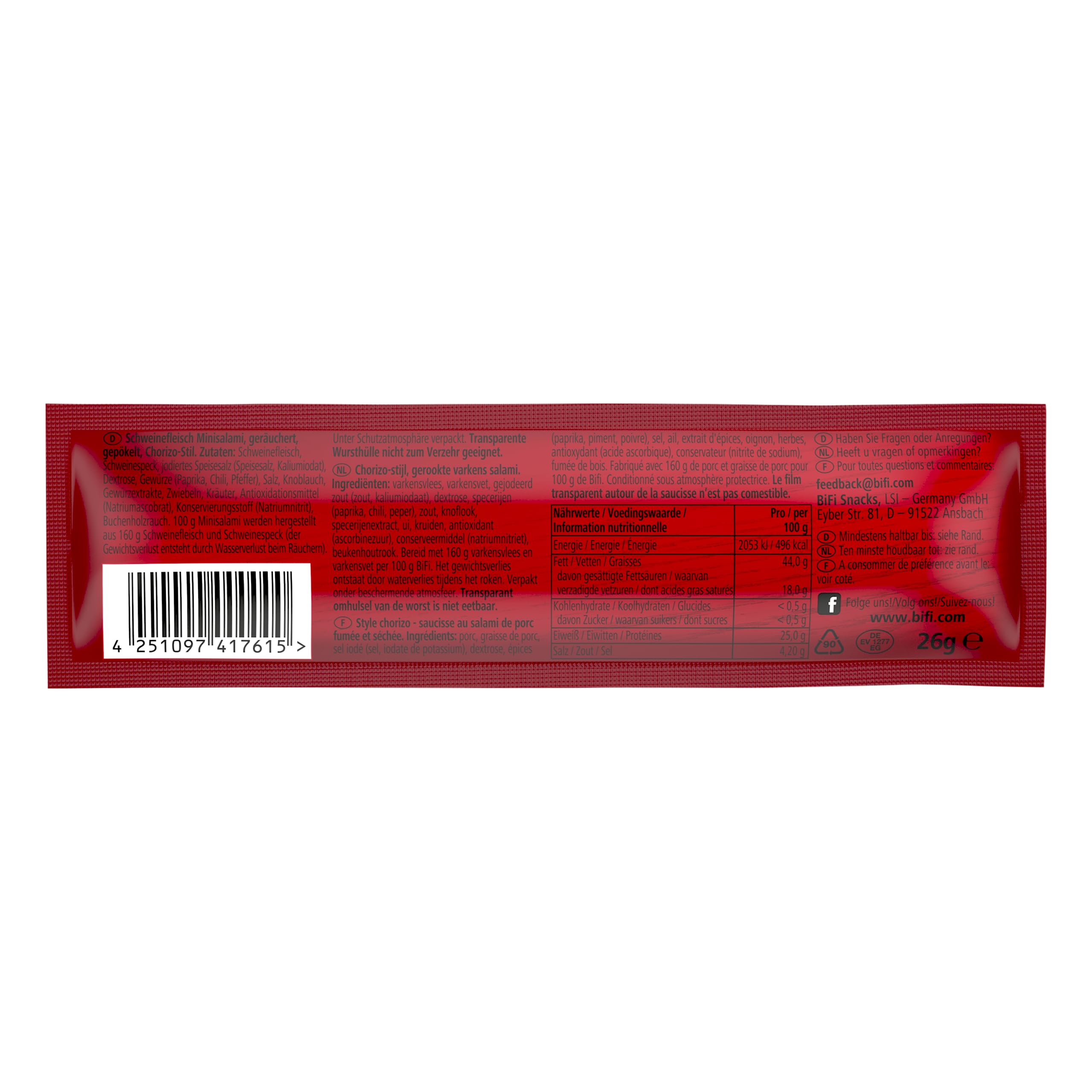 BiFi Chorizo XL Sticks - Pack de 20 unidades de 26 g de aperitivos para llevar, palitos de chorizo con pimentón, chile y ajo, para picar