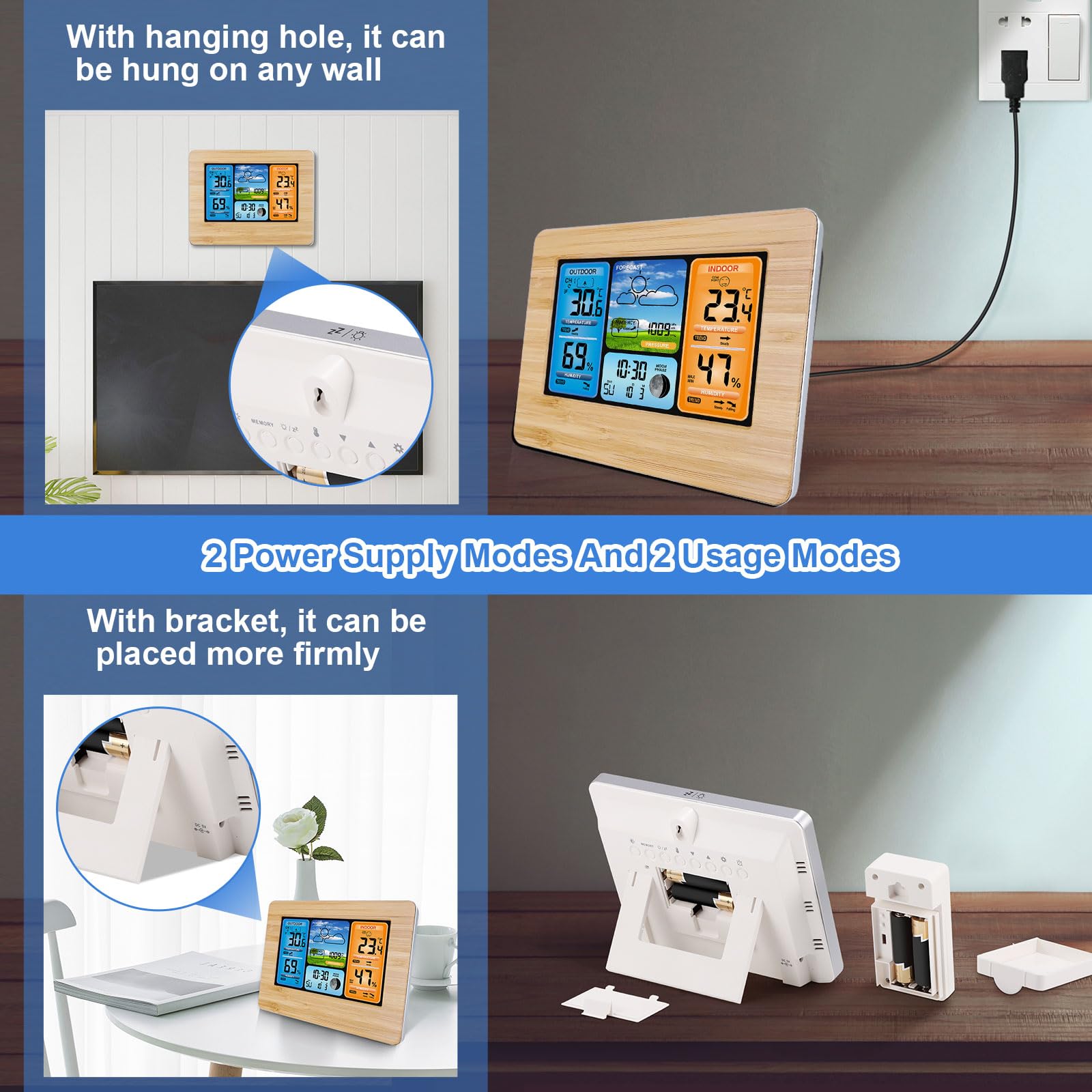 Stazione Meteorologica Con Sensore Wireless Esterno, Stazione Meteorologica Digitale per La Casa- Stazioni Meteorologiche Digitali Lcd Con Allarme E Temperatura/Umidità//Fase Lunare/Sveglia/Data Ora