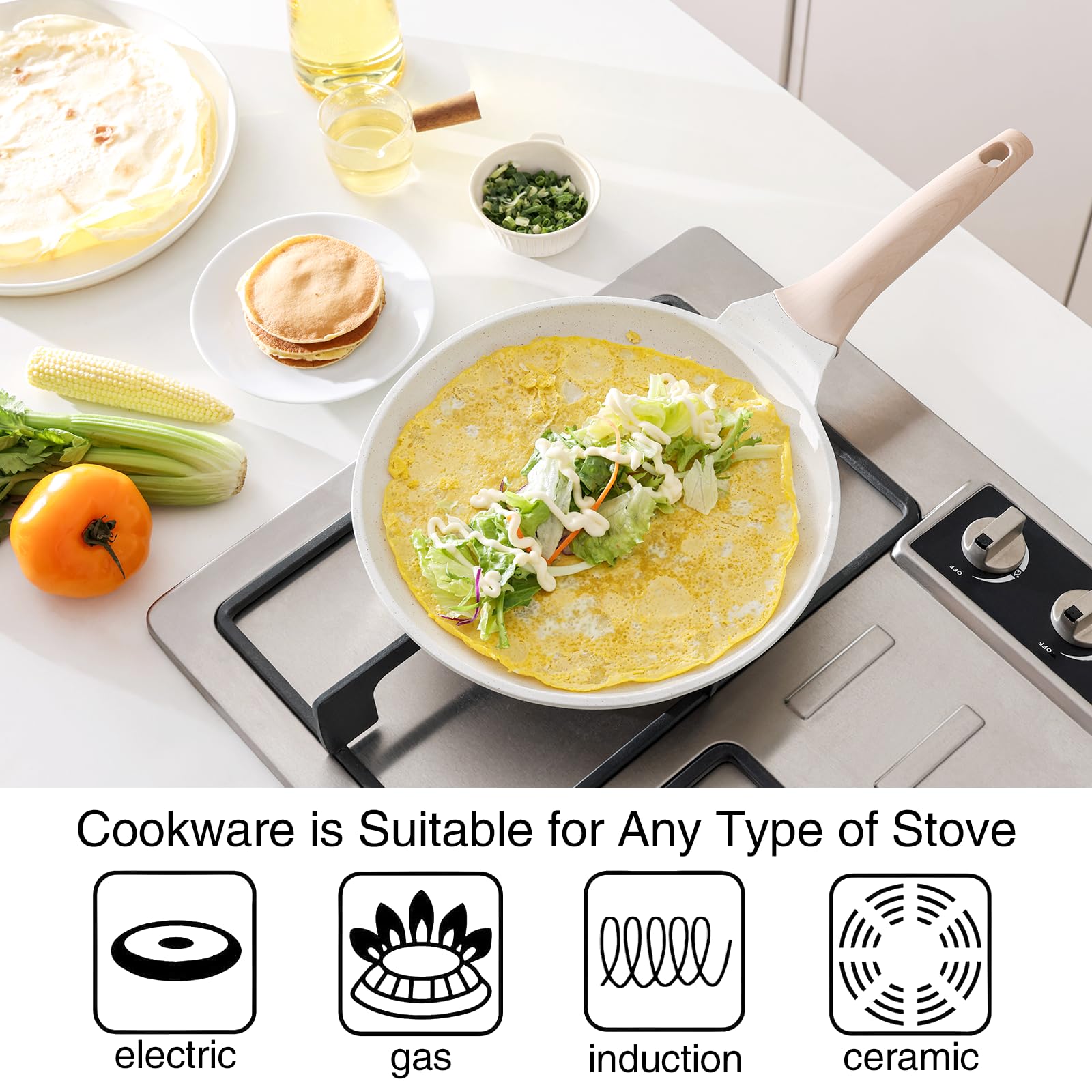 Kordisen Patelnia do crêpe, nieprzywierająca, 30 cm, patelnia Dosa z rozsypkiem, zdrowa powłoka, patelnia do naleśników, płaska patelnia do kuchenki, kompatybilna z indukcją, bez PFOA (Biały)