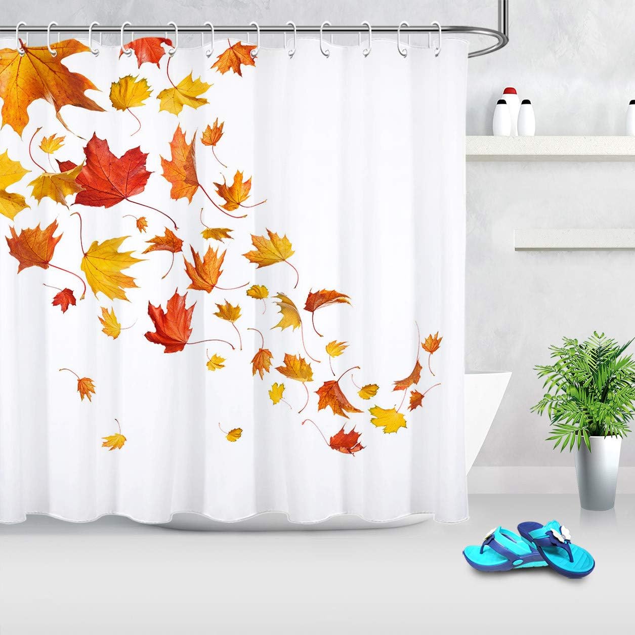 LB Fall Falling Leaf Shower Curtains for Bathroom Autumn Maple Leaf Decor Red Orange Yellow White Shower Curtain with Hooks,72x78 inch Extra Long Polyester Fabric Waterproof