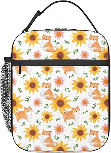 Shiba Inu y bolsa de almuerzo de girasol, bolsa de comida aislada, contenedor de alimentos para escuela, trabajo, picnic, viajes