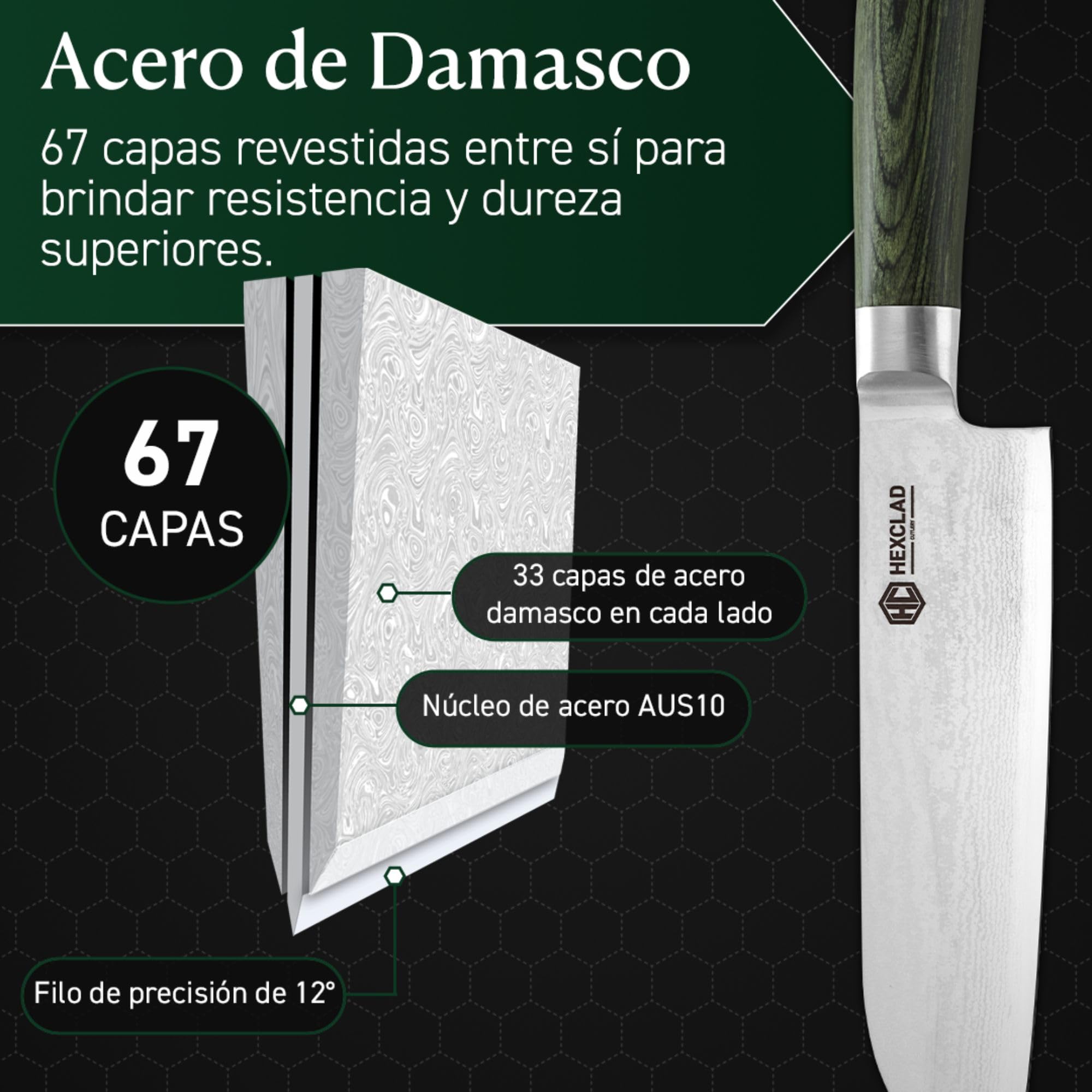 HexClad Cuchillo Santoku de 18 cm, Hoja de Acero Inoxidable de Damasco Japonés, Mango de Madera de Pakka