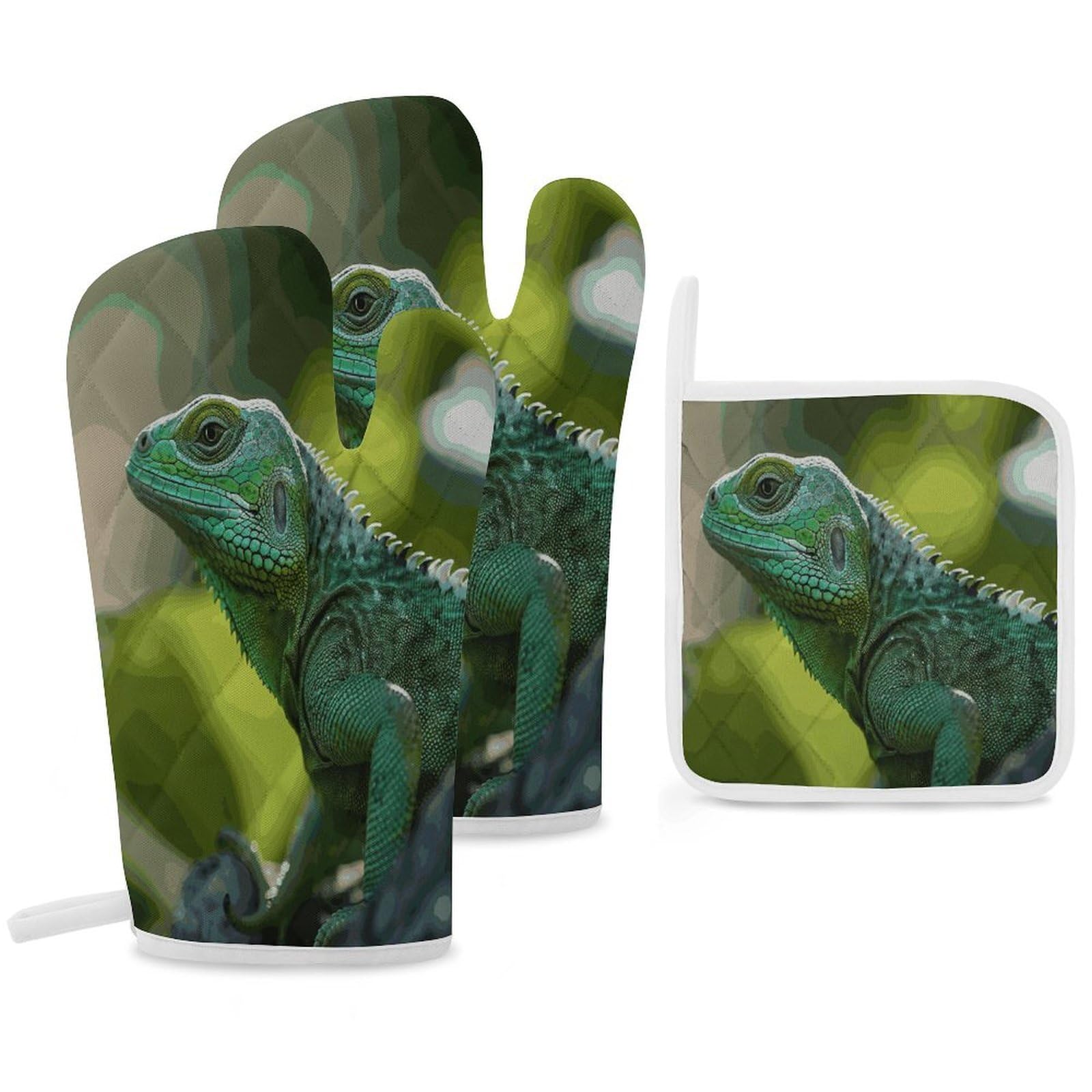 Fekiloot Style Green Lizard Oven Mitts Funny Heat Resistant,Oven Glove With Hanging Loop,Resistant Hot Pads For Kitchen Baking Grilling Cooking