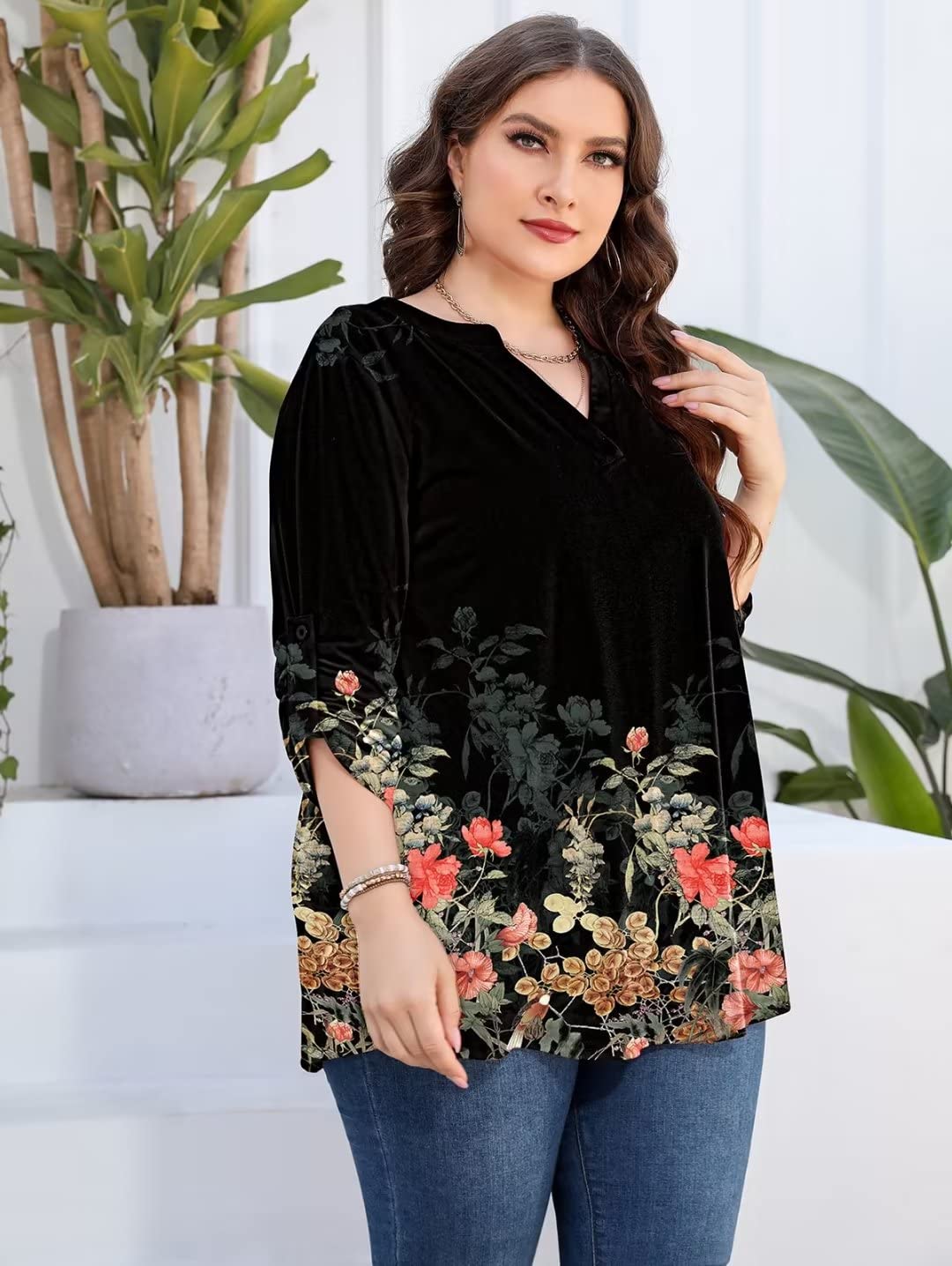 AMCLOS Womens Plus Size Tops V Neck T-Shirts Blouses Casual Soft Flowy Tunic Long Sleeves(Floral-34, 3XL)