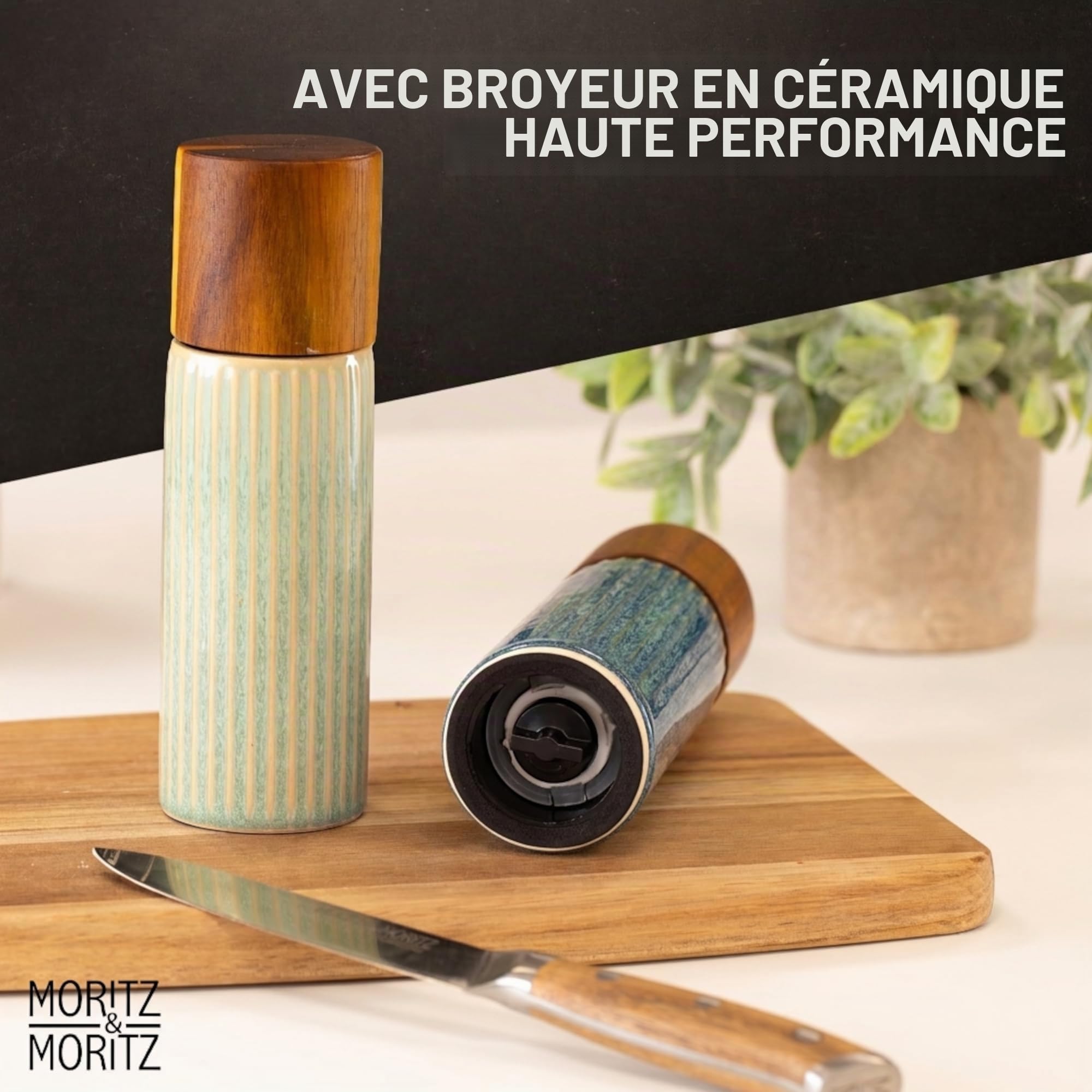 Moritz & Moritz PEPE Set de 2 Moulins à Épices Bleu/Vert – Moulins Sel et Poivre en Céramique, Bois d’Acacia & Grès, Réglage de Mouture, pour Sel, Poivre et Épices