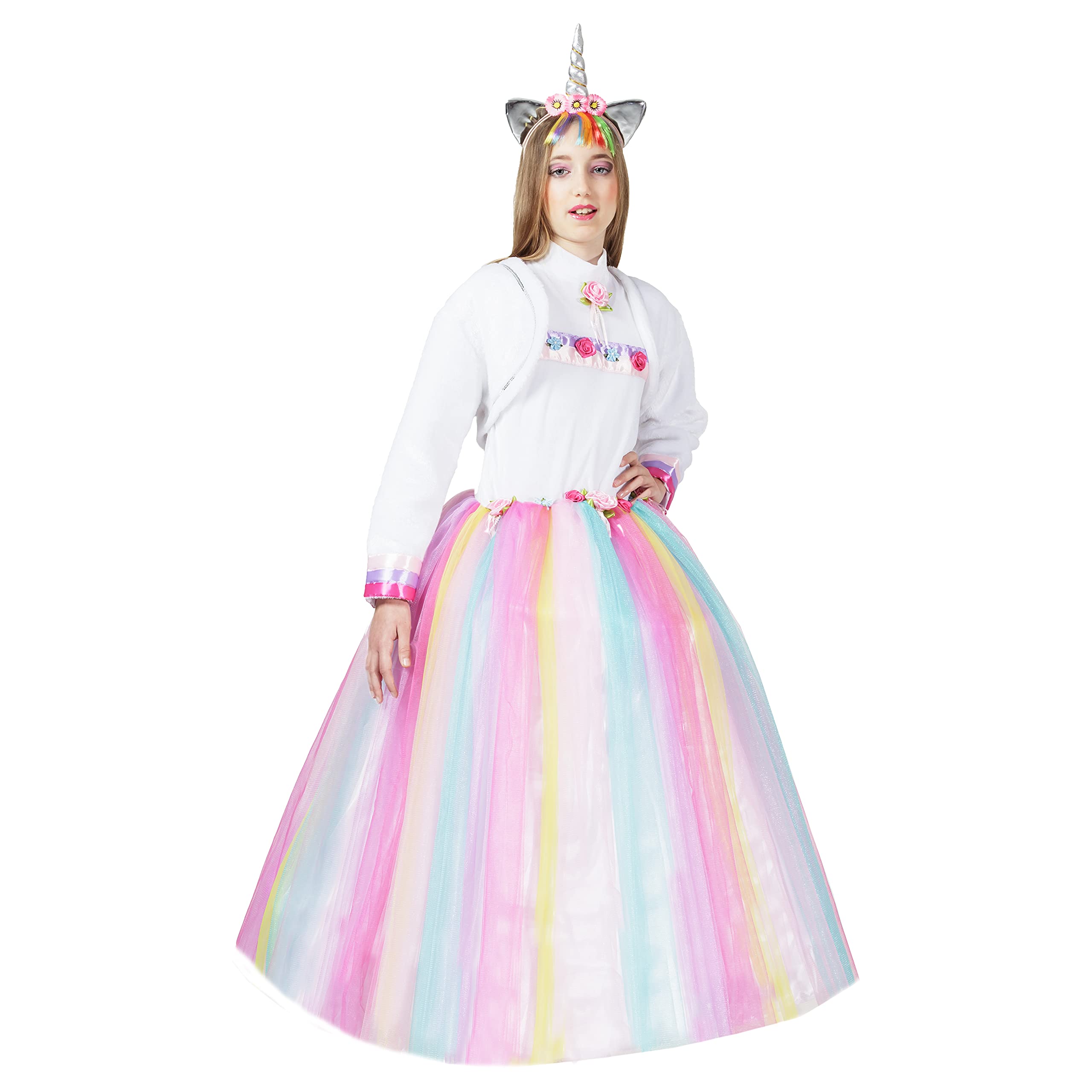 Pegasus Costume Princesse Licorne Multicolore Robe de carnaval, Blanc et rose., S (6 ans)
