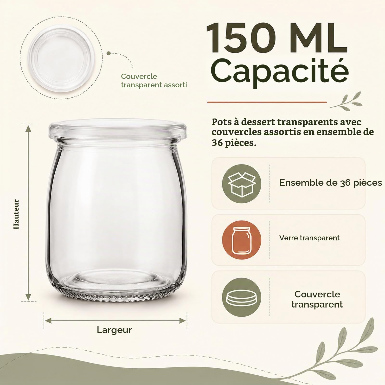 JMIATRY 36 PCS 150 ML Pot de Yaourt en Verre avec Couvercle pour Yaourt Maison, Desserts, Overnight Oats