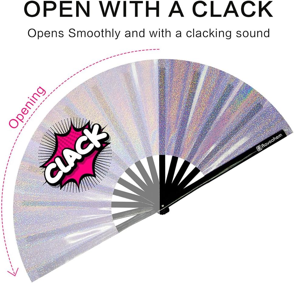 Large Rave Fan, Clack Folding Hand Fan with Premium Fabric, Thick Bamboo Frame for Men Women Gift for EDM, Festival, Club, Party, Dance, Decoration (Lridescent Purple, 13")