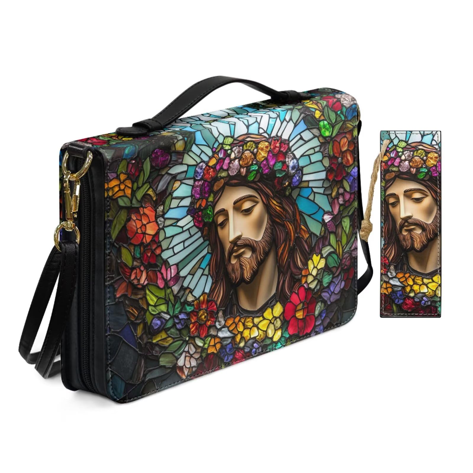 PU Leather Adjustable Shoulder Strap Bible Bags for Women Vintage Floral Jesus Bible Case with Bookmark Crossbody Handle Book Case Pockets Zippered Church Bag