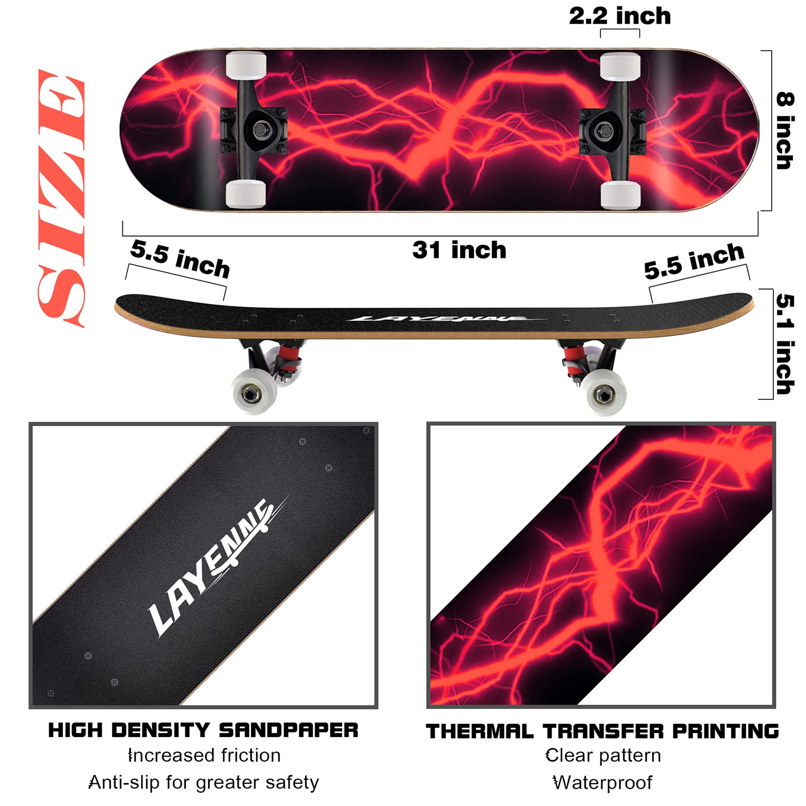 Skateboard Complet, Planche en érable à 9 Couches, Planche à roulettes avec roulement ABEC-11, Convient aux Adultes, aux Enfants, aux débutants, aux skateurs Professionnels