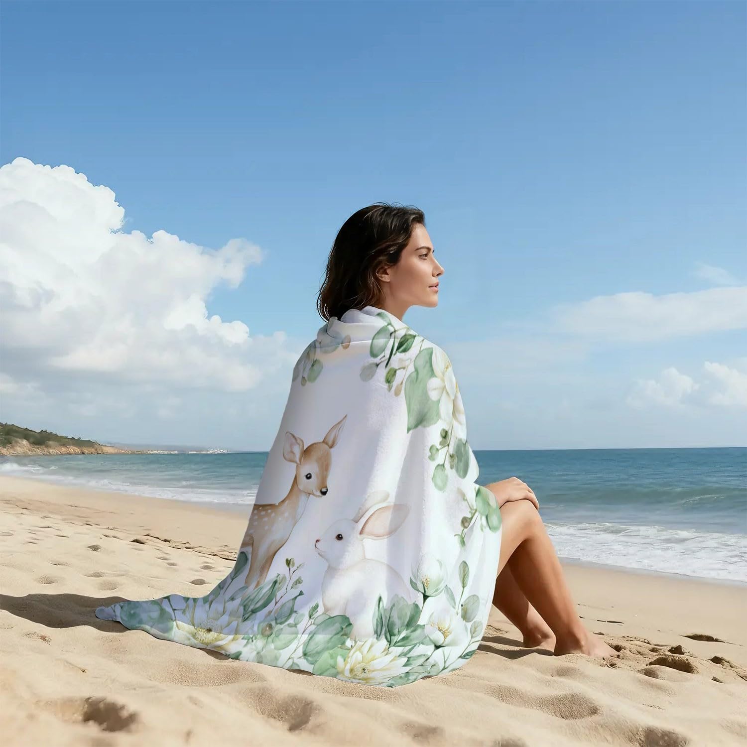 Générique Serviette de Plage Microfibre 200 x 100 CM,Drap de Plage Doux, Frais, Naturel, Style Livre d'images, Couverture de Plage Absorbante,Couverture de Bain Plantes, Faon, Petit Lapin, Fleurs