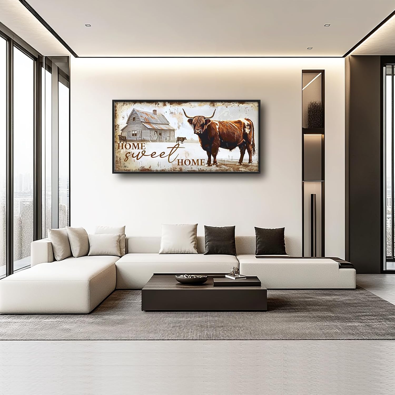 Large Highland Cow Wall Art Farmhouse Cow Home Sweet Home Pictures Wall Decor Country Cattle Family Canvas Painting Print Home Modern Artwork Framed for Bathroom Living Room Bedroom Office 60x30 inch