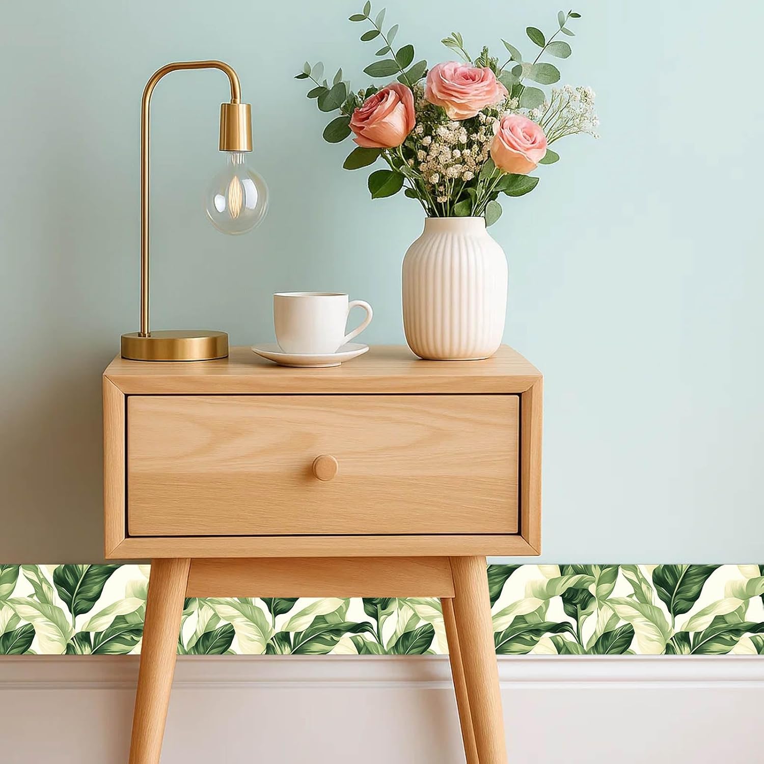 IVN Wallpaper Border Peel and Stick Decorative Wall Trim Self Adhesive Green Leaf Accent Strip for Bathroom Laundry Room Pool Area Mirror Frame Shelf Wall Edge 4x196 Inch Nature Design