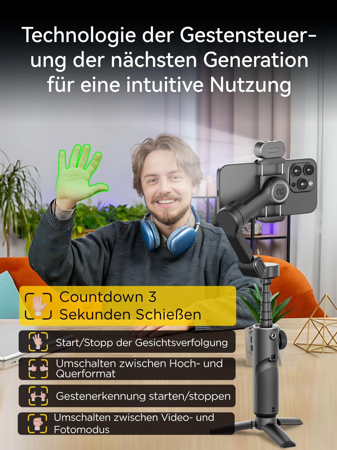 AOCHUAN Gimbal-Stabilisator für iPhone, Telefon-Gimbal mit magnetischem RGB-Fülllicht, faltbares Stabilisator mit integrierter 7,8-Zoll-Verlängerungsstange für iPhone/Android Smart X2 Kit Schwarz