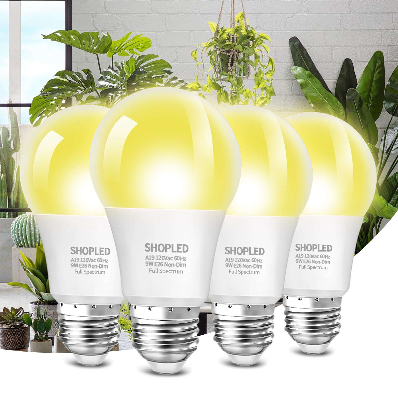 SHOPLED Grow Light Bulbs, A19 Full Spectrum LED Grow Light Bulb, 9W Plant Light Bulb 100W Equivalent, E26 Base, for Indoor Plant, Flowers, Greenhouse, Warm White, 4 Pack