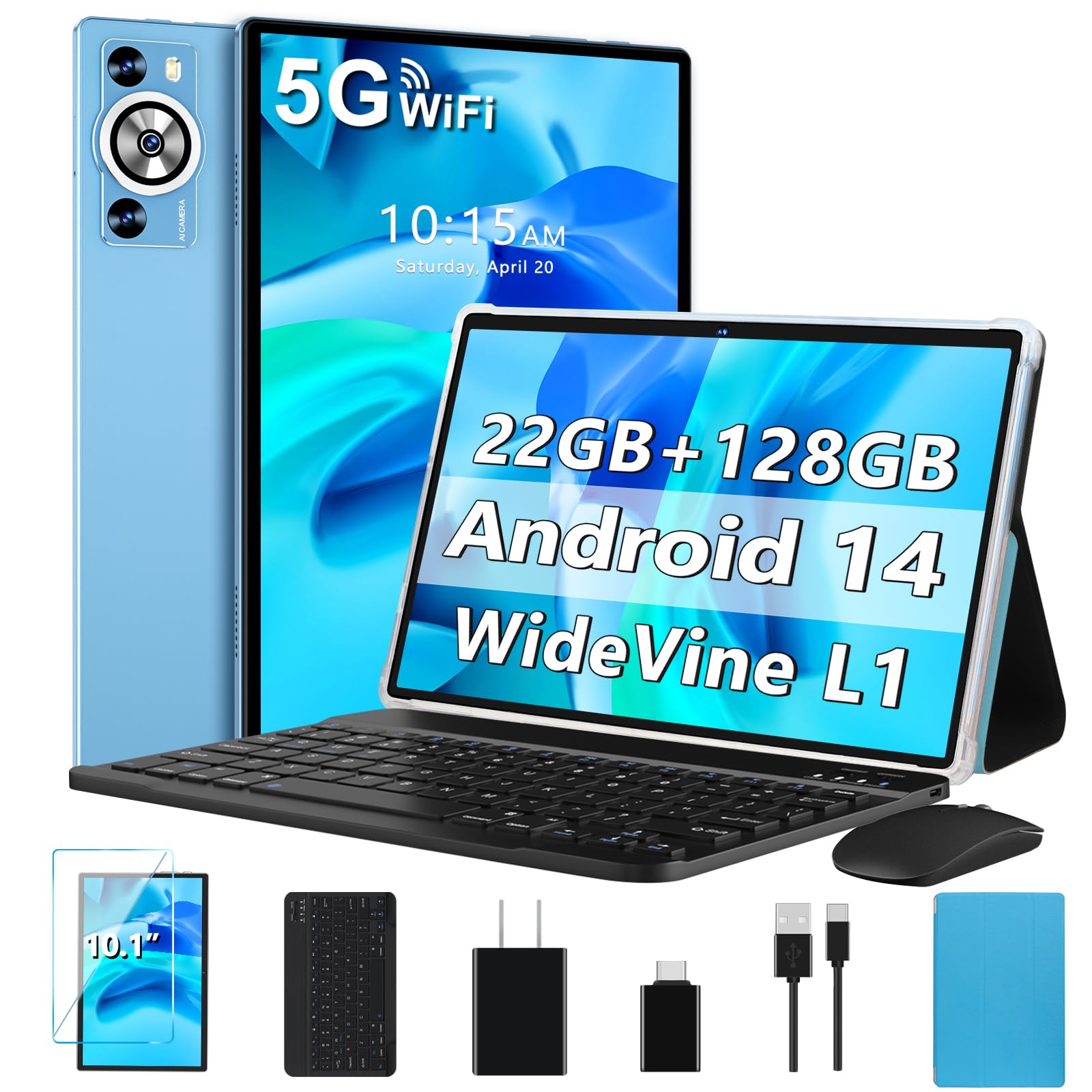 Android 14 Tablet 10.1 Inch 8000mAh Battery Tablets with 22GB RAM 128GB ROM 1TB Expand, Octa-Core HD Touchscreen Tablet with Keyboard, Mouse, Support Widevine L1, Split-Screen - Blue