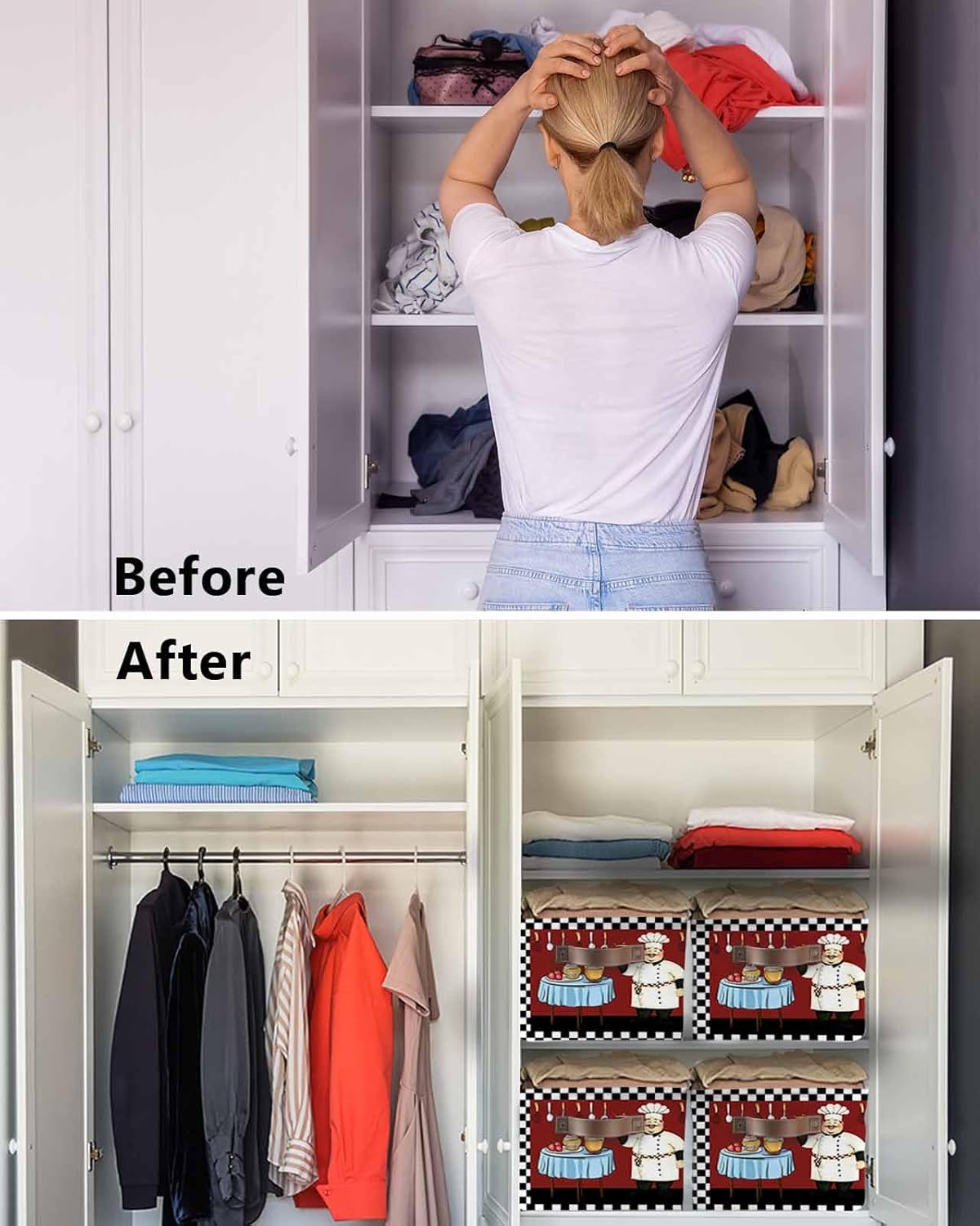 Farmhouse Cartoon Fat Chef Storage Basket Waterproof Cube Storage Bin Organizer with Handles, Retro Black White Plaid Collapsible Storage Cubes Bins for Clothes Books Toys 15"x11"x9.5"