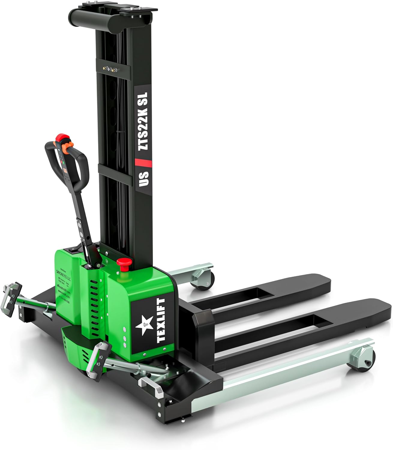Full Electric Self-Loading Pallet Stacker - 2200 Lbs Capacity Walkie Forklift with 51 Inch Lift Height, Lifting Truck Cargo with Fixed Straddle Legs and Adjustable 46 Inch Forks - (US-ZTS22K-SL)