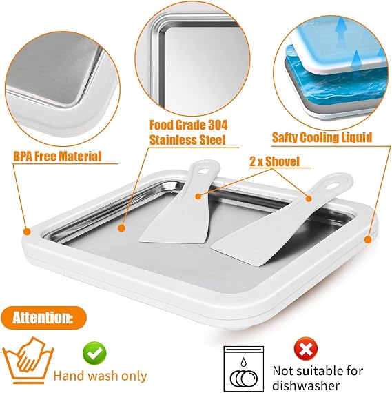 Ice Cream Roll Maker Set with 2 Spatulas, Fun DIY Ice Cream Roller Pan for Kids, Homemade Yogurt Rolled Machine with Scrapers, Instant Cold Plate for Making Frozen Gelato, Sorbet, Sweet Food(White)