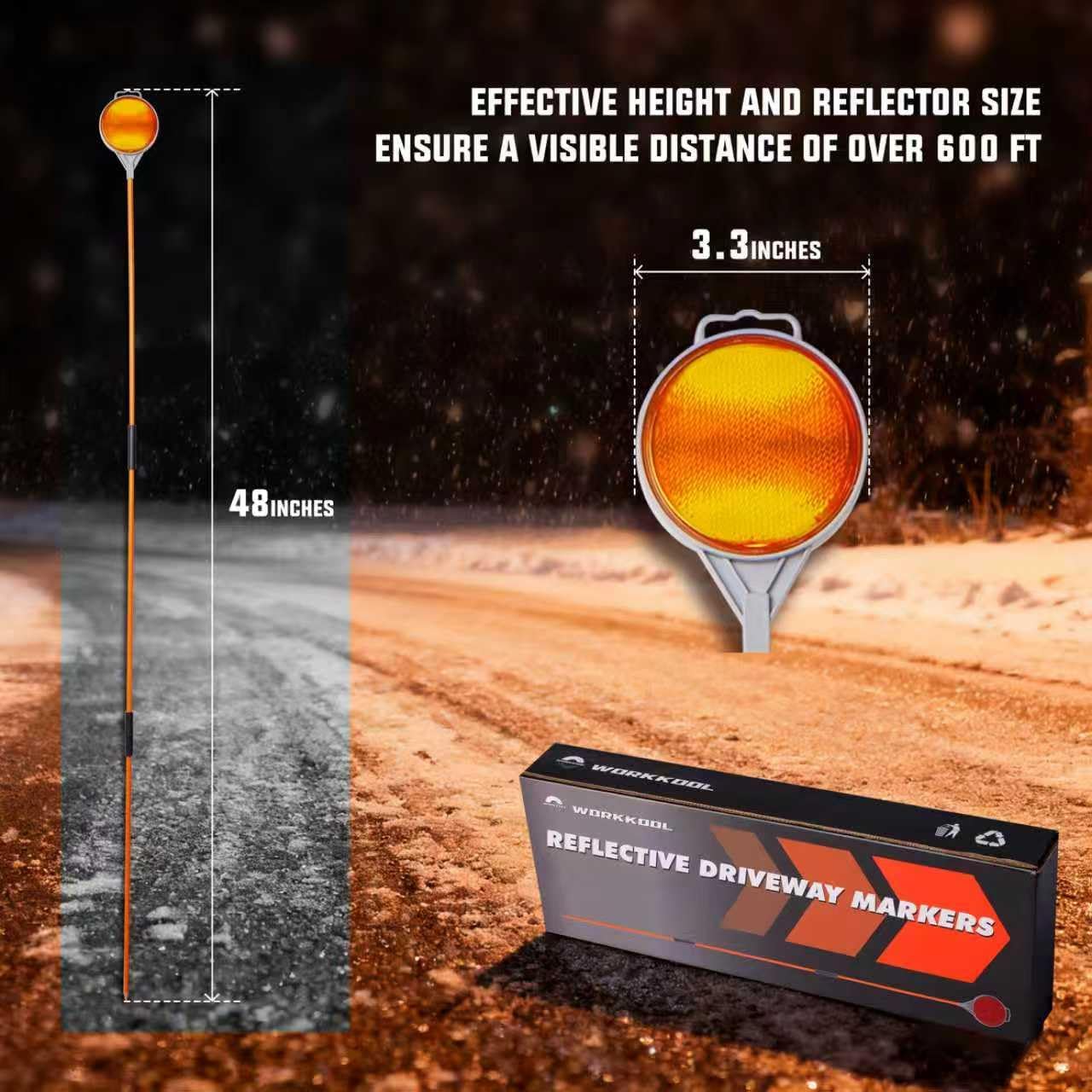 WORKKOOL Reflective Driveway Markers Highly Visible, 48 Inch Double Side Driveway Reflectors for Snow Plowing(Fibreglass Pole, 8 Packs)