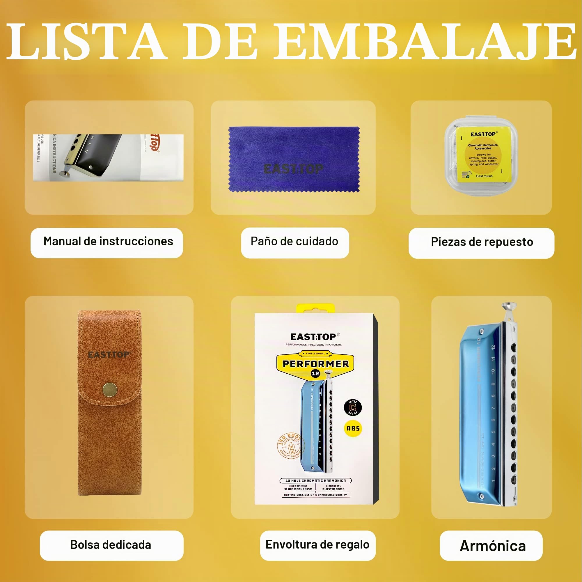 East top Armónica cromática, 12 agujeros de 48 tonos clave de C, peine ABS, caña de bronce fosforoso, cubierta azul (EAP-12)