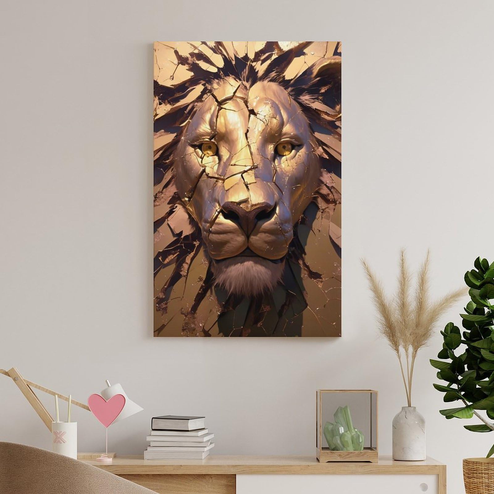Junmoney Leinwand Wandbild Golden Lion Head with Cracks, 16x24inch(40x60cm), Für Wohnzimmer, Flur Oder Schlafzimmer, Wohnakzent Mit Ruhiger Ausstrahlung