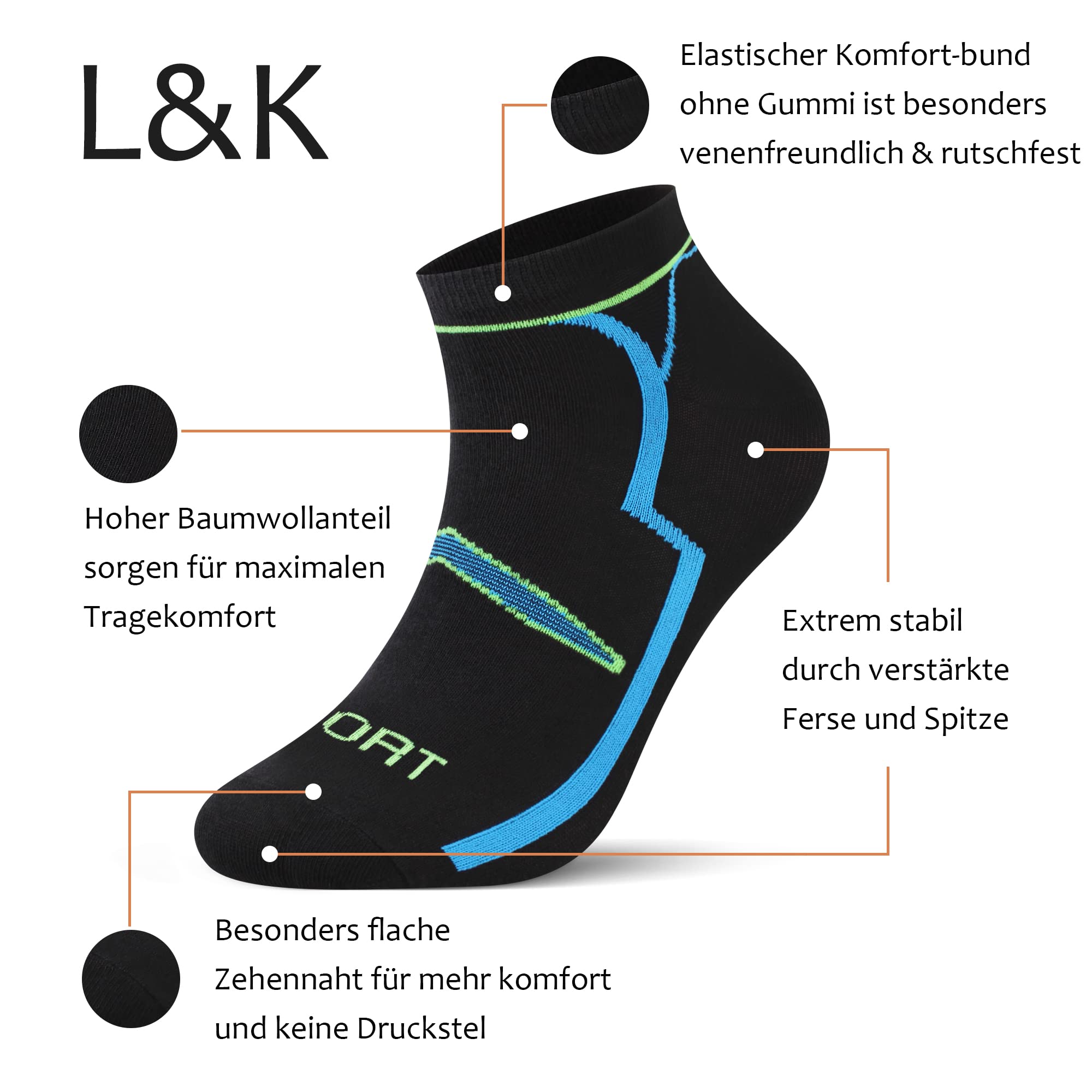 L&K 12 paia Calze da Uomo sportive Sneaker Calzini Cotone comodo multicolore 2121