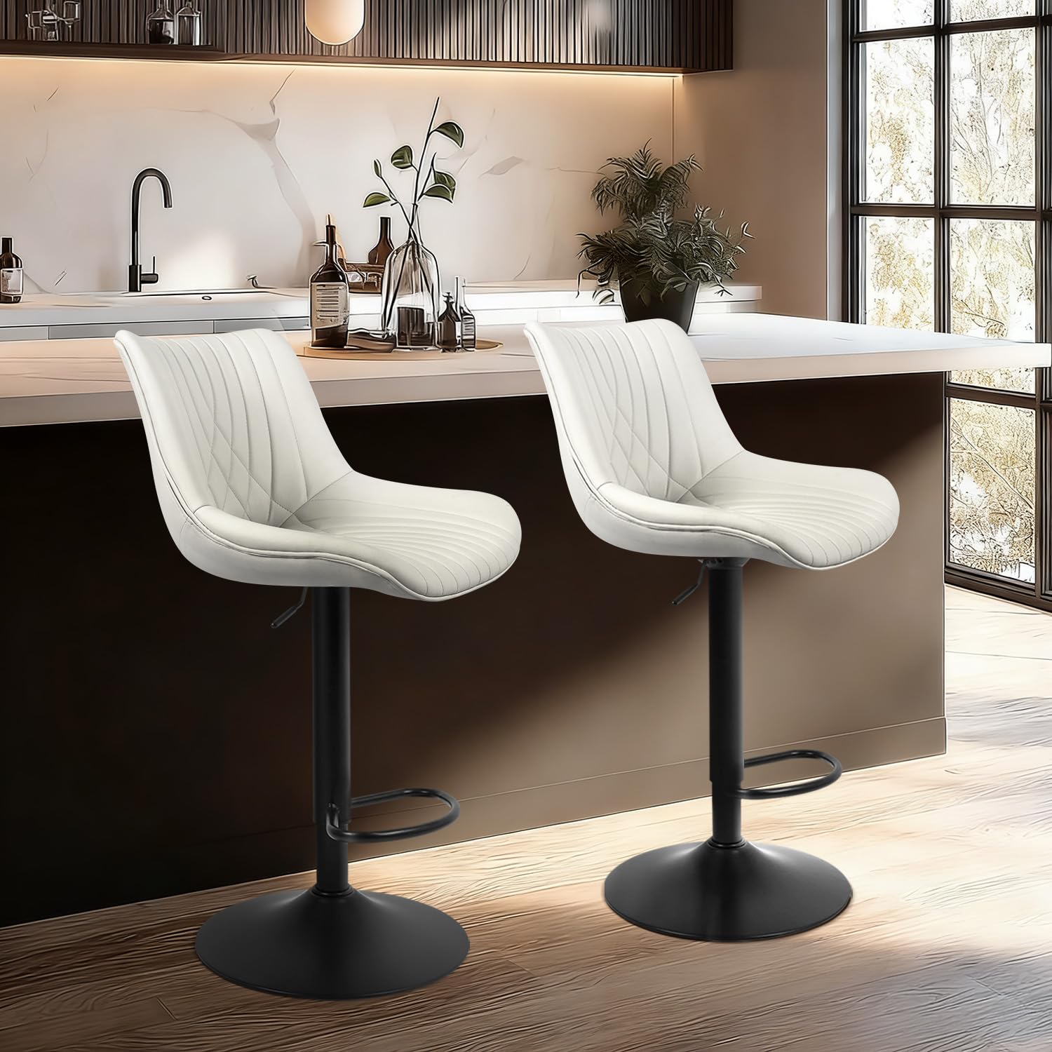 VATROS Bar Stools Set of 2, Adjustable Counter Height Bar Stools with Open Back and Footrest, Premium Faux PU Leather, Modern Upholstered Swivel