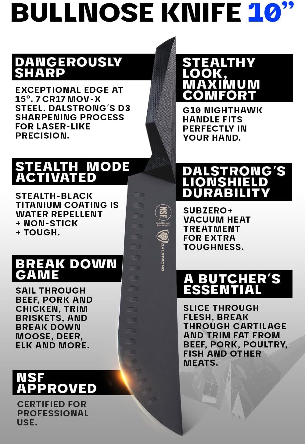 Dalstrong Bull-Nose Butcher Knife - 10 inch - Shadow Black Series - Black Titanium Nitride Coated - High Carbon 7CR17MOV-X Steel - Breaking Knife - Sheath - NSF Certified