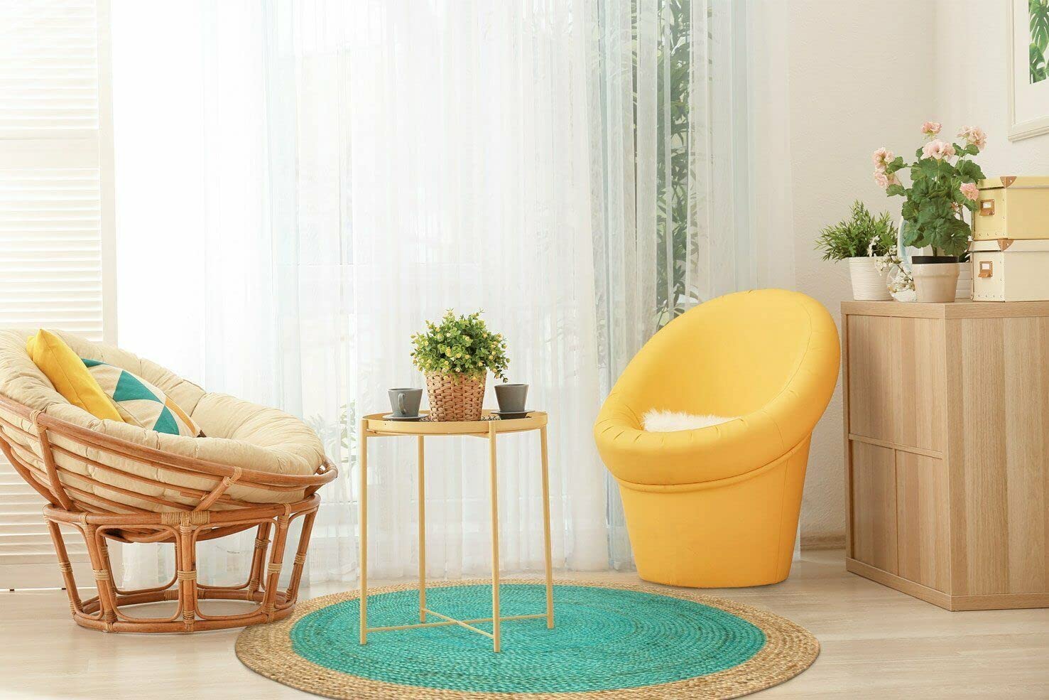 Tapis en jute grand format rond pour protéger le sol du salon et couloir