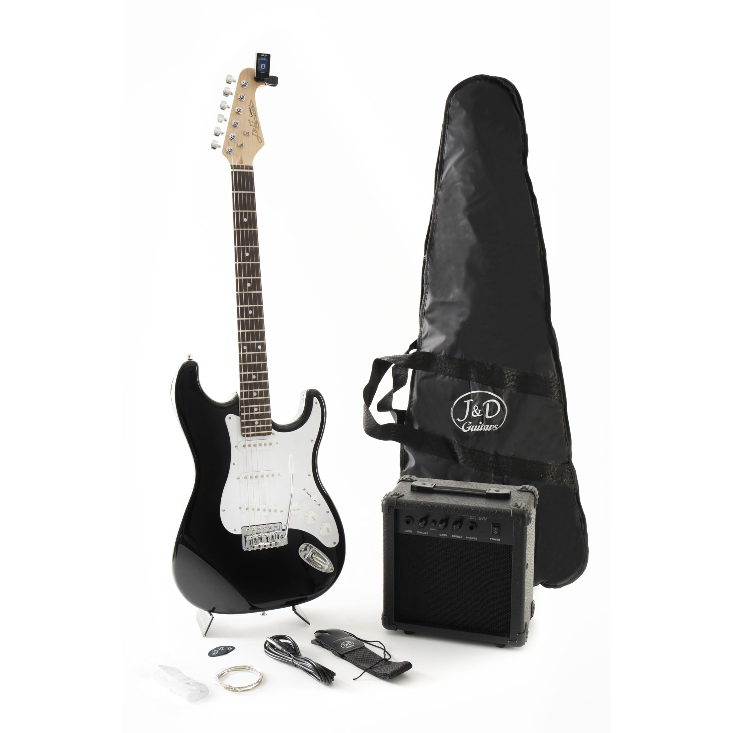 J & D ST Rock Guitar Einsteiger Set mit schwarzer ST-Stil E-Gitarre, Verstärker, Stimmgerät, Gigbag, Kabel, Gurt, Plektren, Saiten