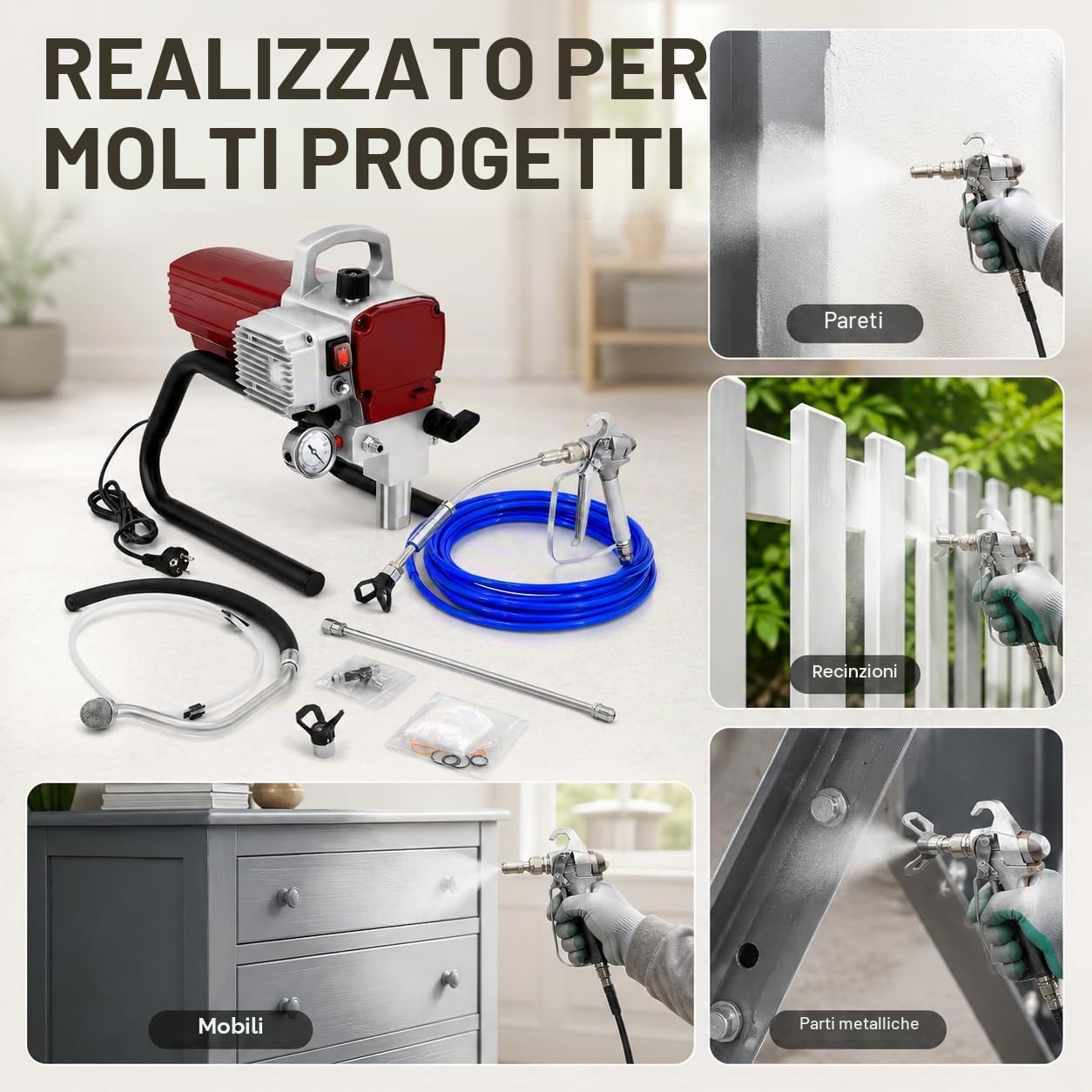 Dispositivo di verniciatura a spruzzo professionale 1,8 KW, Airless Paint 250 mm con tubo di 13 m, sistema di verniciatura a spruzzo airless ad alta pressione 1,8 l/min