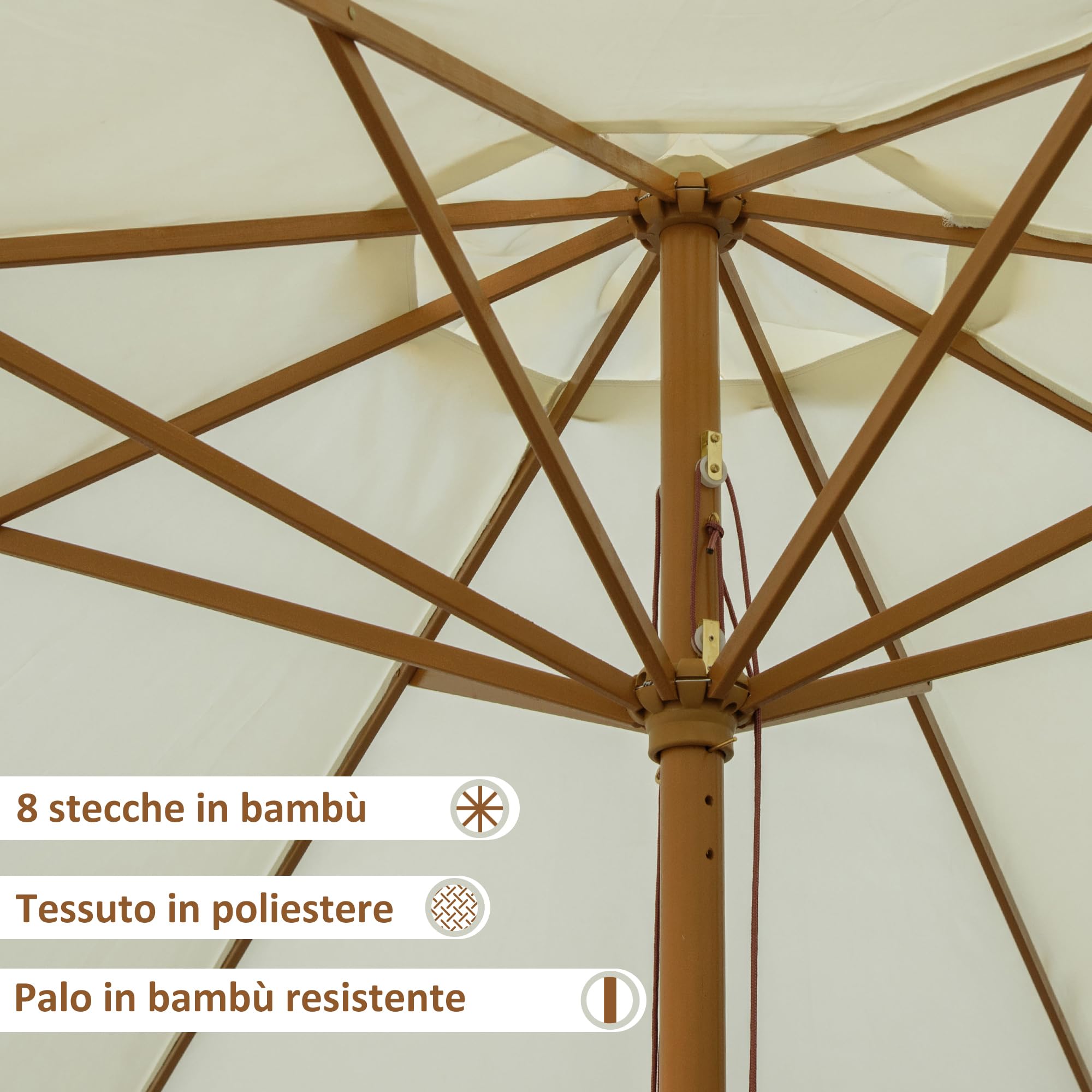 Outsunny Ombrellone da Giardino Ø3.25m con Corde, Apertura Regolabile e Prese d'Aria, Ombrellone da Esterno con 8 Stecche in Legno, Bambù e Poliestere 180g/㎡, per Cortile, Terrazza e Balcone