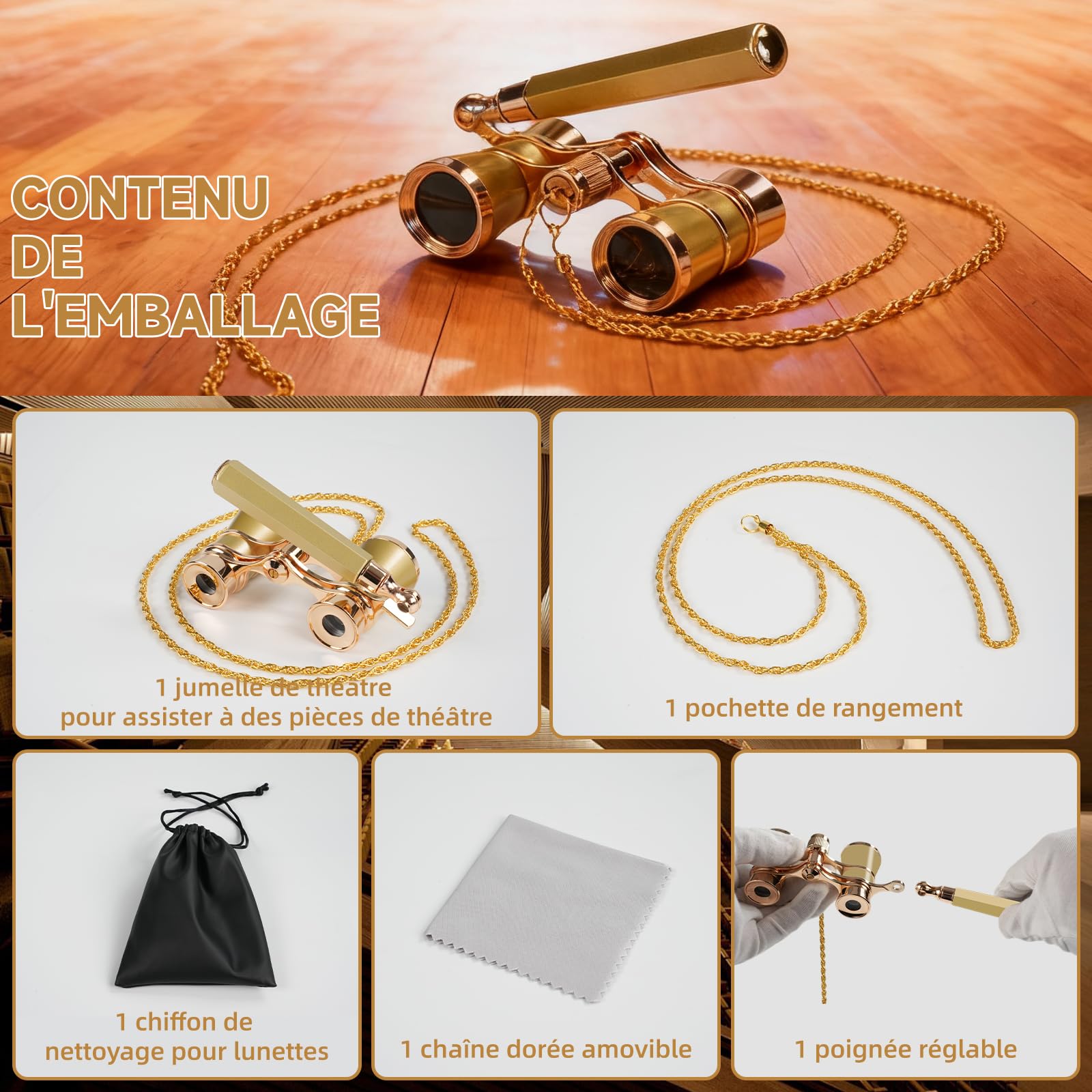 Jumelles de Théâtre 3x25 Vintage Compactes pour Spectacles | Jumelles de Théâtre avec Manche, Cadeau Élégant pour Femme/Homme/Enfant - Spectacle, Opéra, Concert (Or)