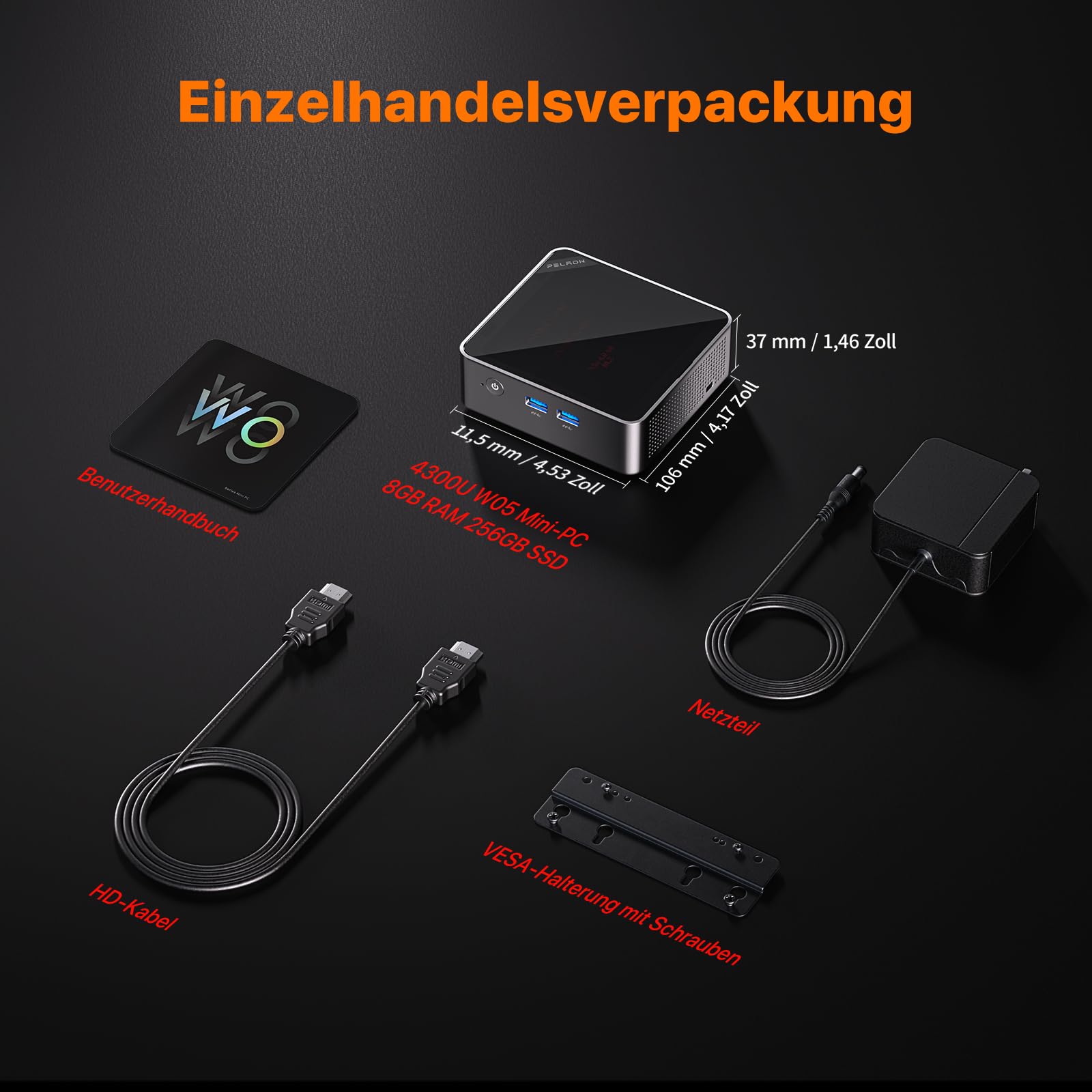 PELADN Mini PC AMD Ryzen 4300U bis zu 3,7 GHz, 8 GB DDR4 RAM, 256 GB SSD, Mini-Computer mit 4K/60Hz Triple-Display über Dual-HDMI und Type-C, WiFi 6, Bluetooth 5.3 für Büro und Homeoffice