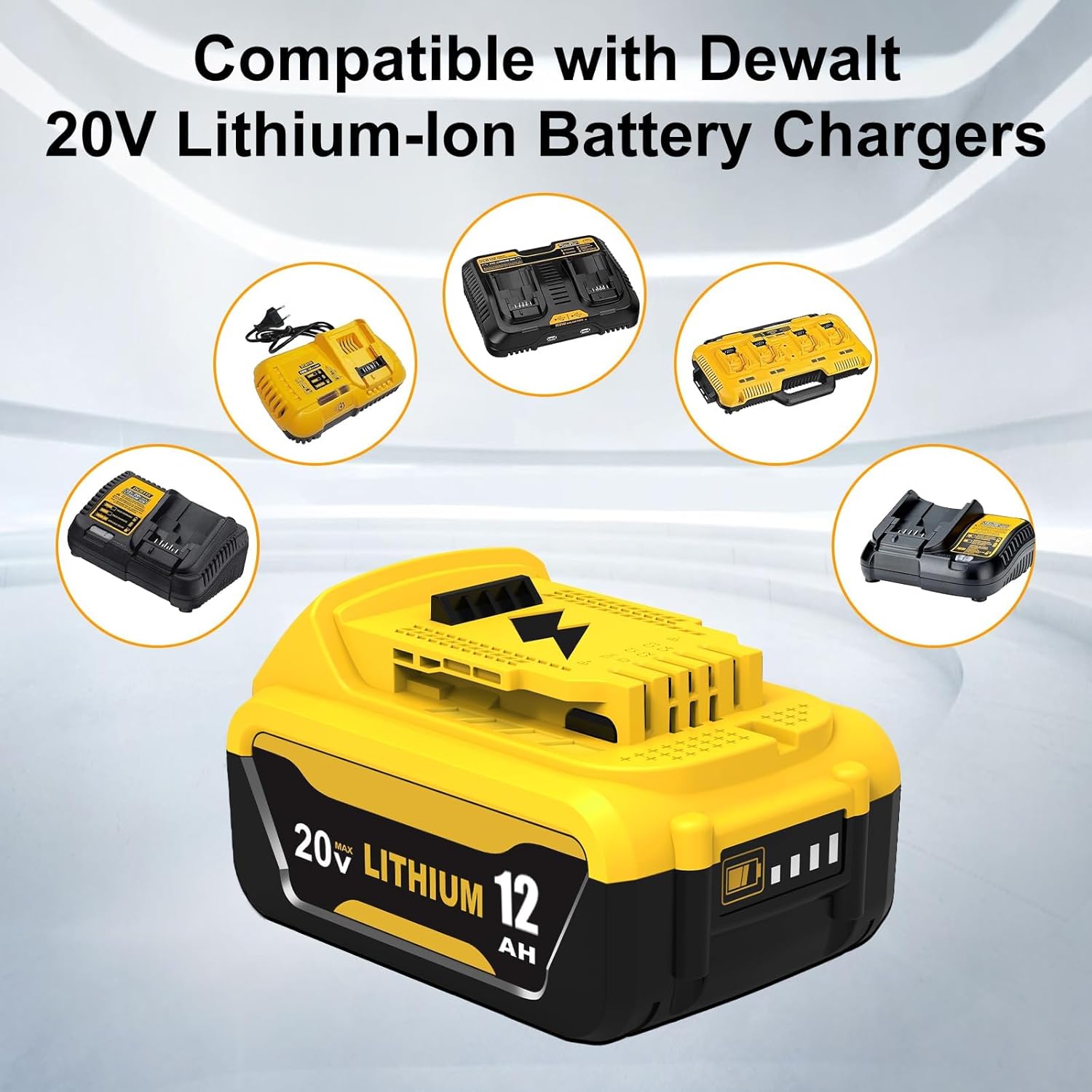 12Ah DCB208 Battery Replacement for Dewalt 20V Battery Compatible with Dewalt 20V Max Batteries DCB209 DCB207 DCB206 DCB204 DCB203 DCB201 DCB200 DCD/DCF/DCG Series Cordless Tools(Yellow-4P)