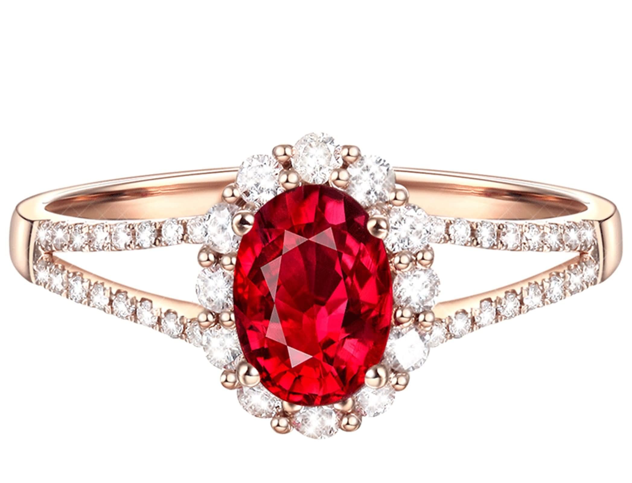 Beydodo Anillos de Matrimonio Oro Rosa de 9 14 18 K para Mujer con Flor y Oval con Rubí Creado y Moissanita, Anillo de Matrimonio Oro Rosa para Mujer