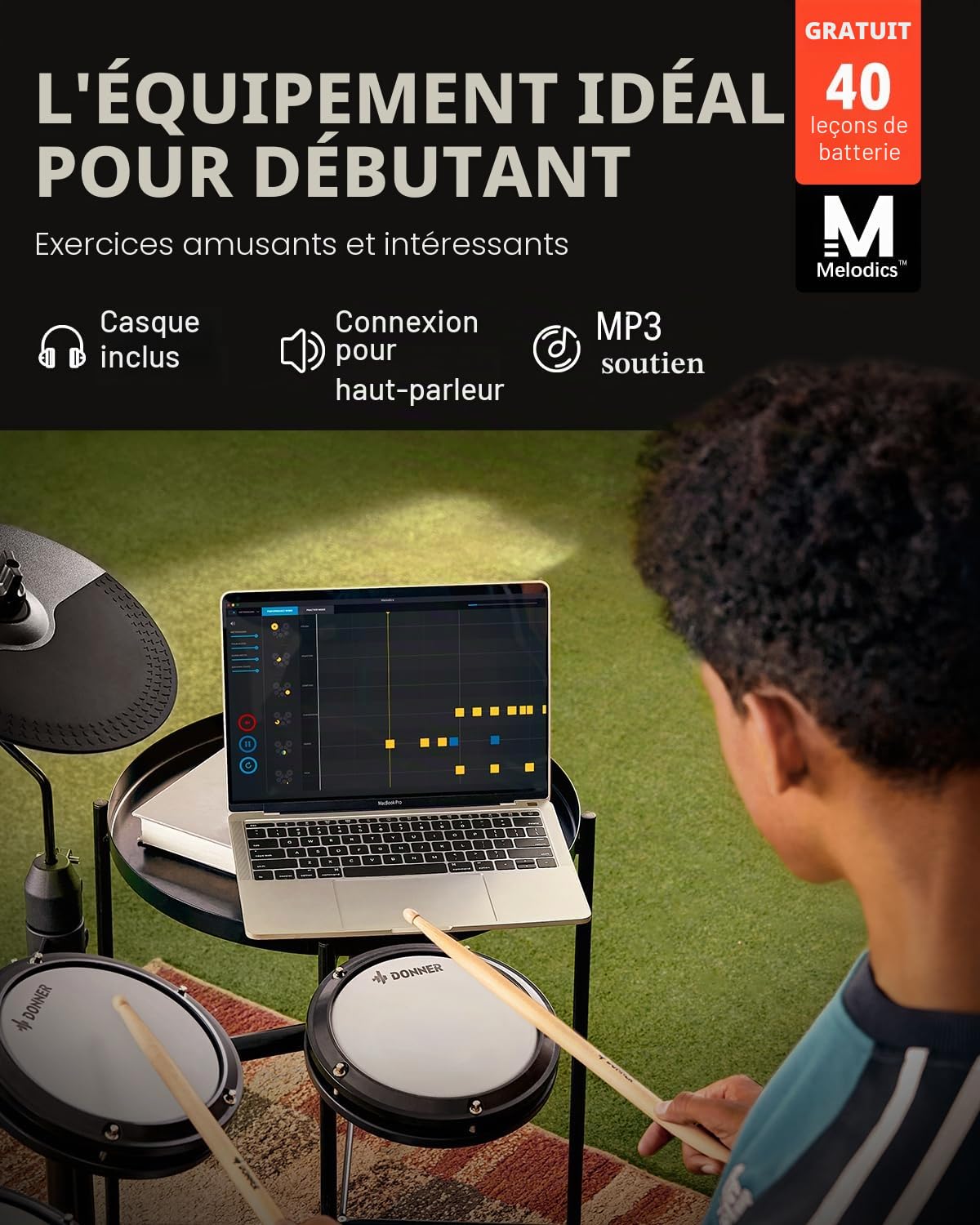 Donner Batteries électroniques drum set pour débutant avec 180 sons, batterie complète en maille silencieuse, légère et portable (DED-80)