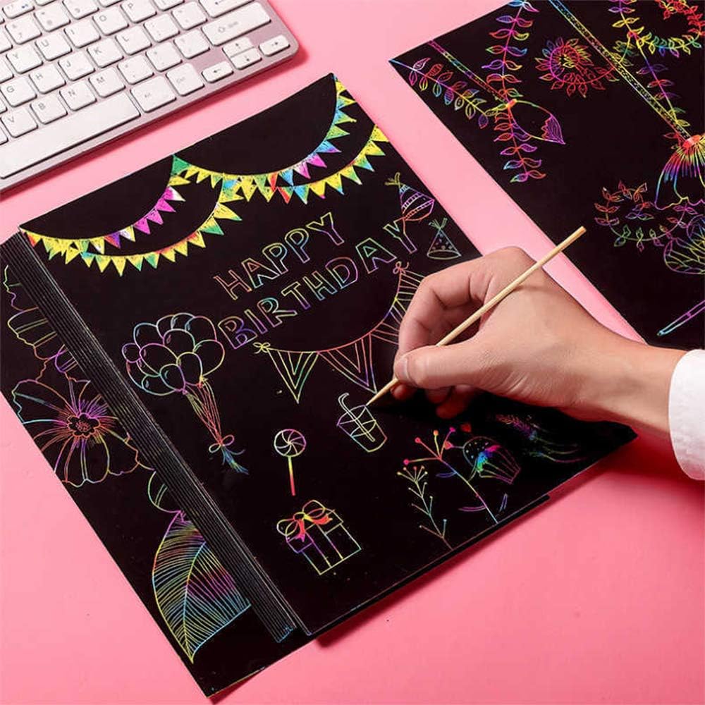 Dsmile Scratch Art Paper Set, 30 Piece(7.2IN x 5IN) Rainbow Magic Scratch Paper Craft Kit for Kids Black Scratch Off Art Crafts Notes Boards Sheet with 5 Wooden Stylus 4 Drawing Stencils